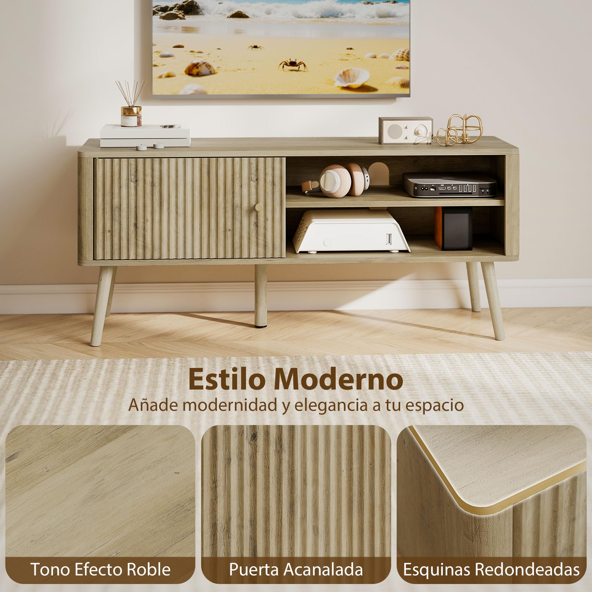 HOMCOM Mueble de TV con Puerta Acanalada hasta 55 Pulgadas 115 cm Roble | Mesa de TV, Mueble para Televisión, Estante Ajustable, Compartimentos Abiertos, Orificio para Cables, Salón, Comedor