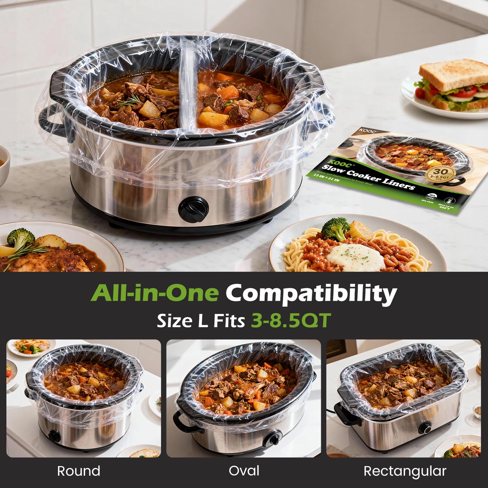 KOOC Slow Cooker Liners, 30 count 13" x 21" Large Size Cooking Bags Fits 3-8 Quart Pots, Disposable Cooking Trays Suitable for Oval & Round & Retangular Pot - 2