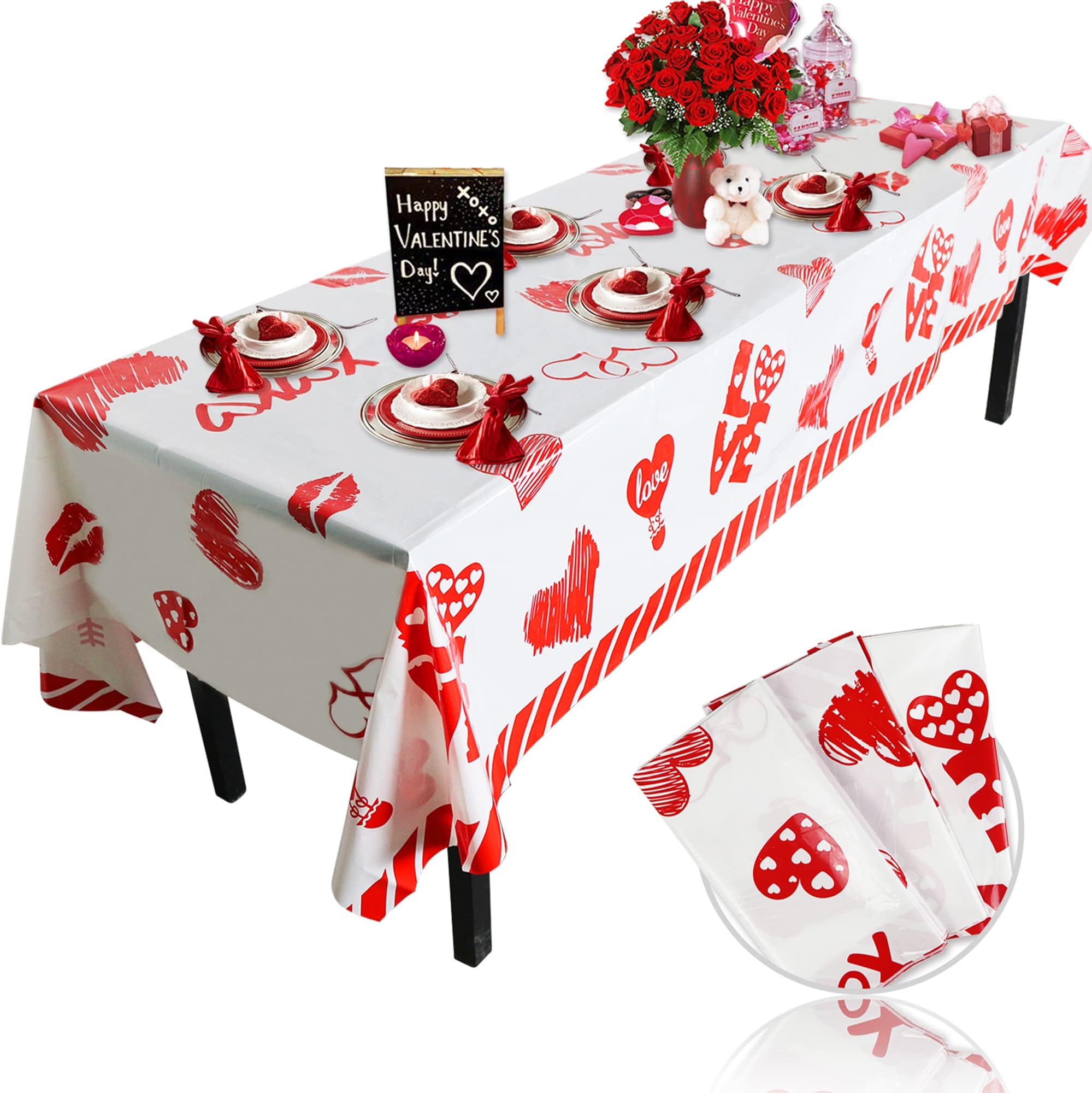 Tegeme 3 Pack Valentine's Day Tablecloth Disposable Thick Valentines Day Table Cover