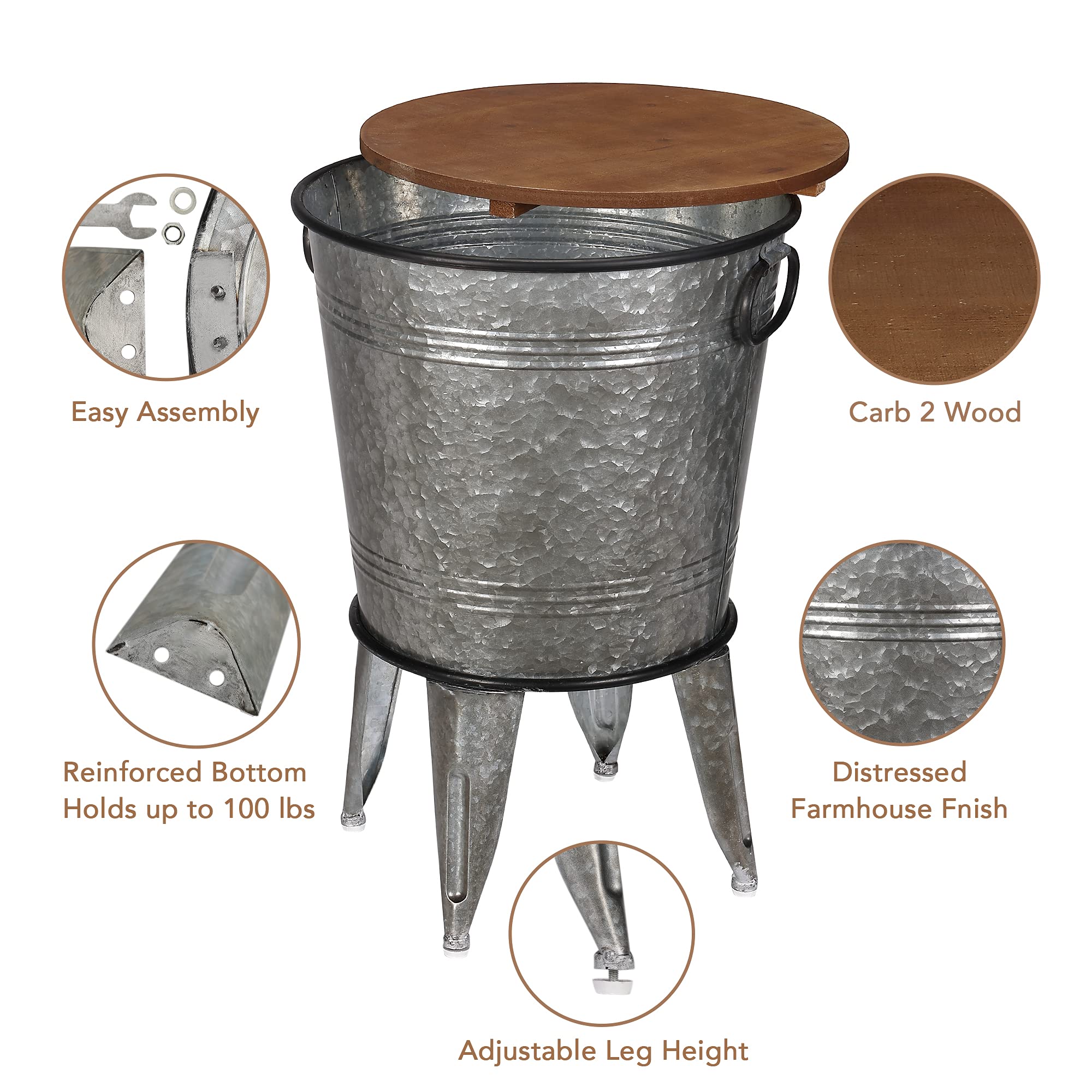 RUSTOWN Farmhouse Side Tables Set of 2, Galvanized Metal Bucket End Table | Storage Metal Bin with Round Wooden Lid, Accent Side Table, Rustic Antique Cocktail Table for Living Room, Bedroom, Outdoor