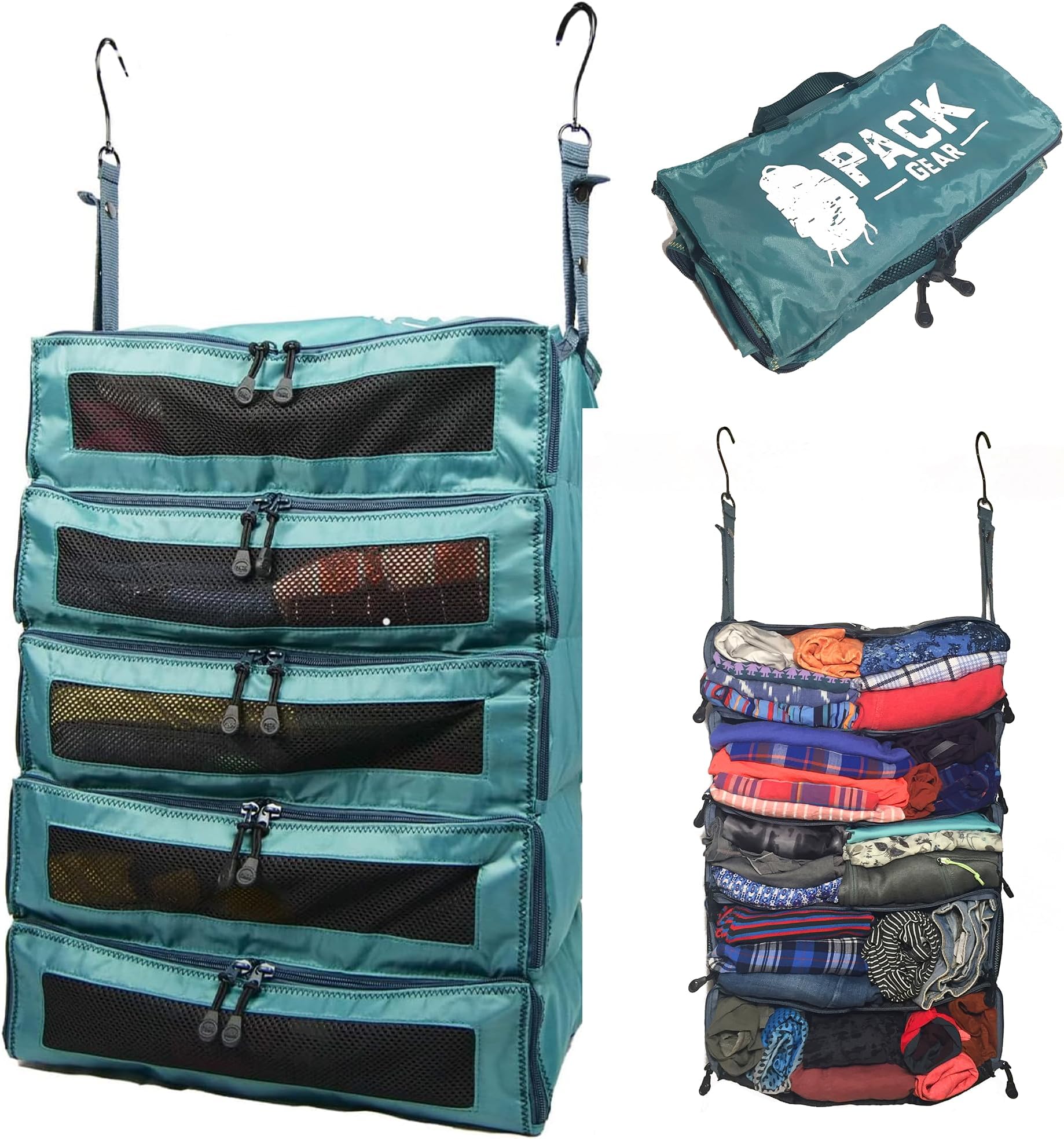 Pack Gear Hanging Suitcase Organizer, Travel Essential Foldable Packing Cubes, Pack Large or Carry On Luggage, Shelf Organizer for Closet (Green) (XL)