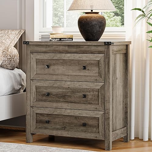 Dresser for Bedroom with 3 Drawers, Small Chests of Drawers, 27.55" Wide Farmhouse Wood Nightstand Bedside Cabinet End Table, Modern Closet Storage Organizer for Living Room, Entryway, Hallway, Grey - Grey