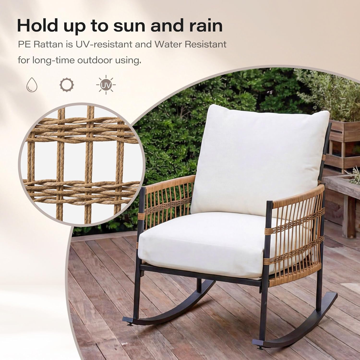 LAUSAINT HOME 3-Piece Patio Rocking Chairs Set, Outdoor PE Wicker Patio Furniture with Thick Cushions, All-Weather Rattan Rocking Chairs & 2-Tier Coffee Table for Porch Garden Backyard (Beige)