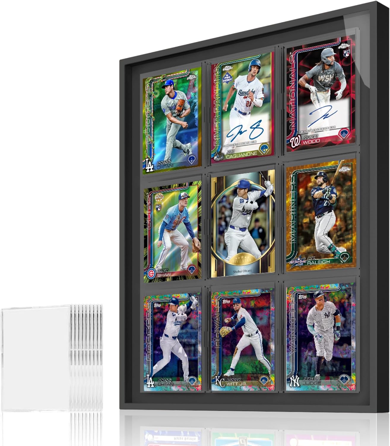 Deep Space Black 9-Card Display Case, Seamless Aluminum Frame with Tempered Glass for Graded Cards, Baseball Football Sports Card & TCG, Wall Mount Trading Card Frame, Includes 9 Shell Holders
