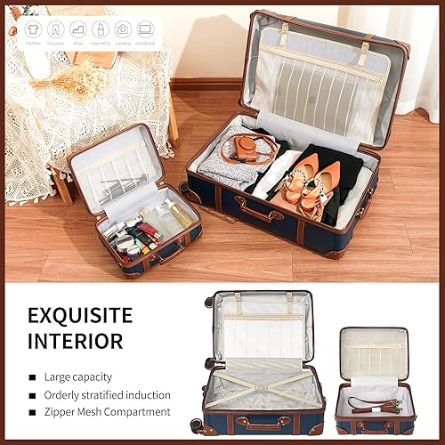 Miniatura 3 de NZBZ Juego de 2 piezas de equipaje vintage, maleta giratoria ligera y rígida con cerradura TSA y 8 ruedas, Azul marino, 14inch & 28inch, Equipaje