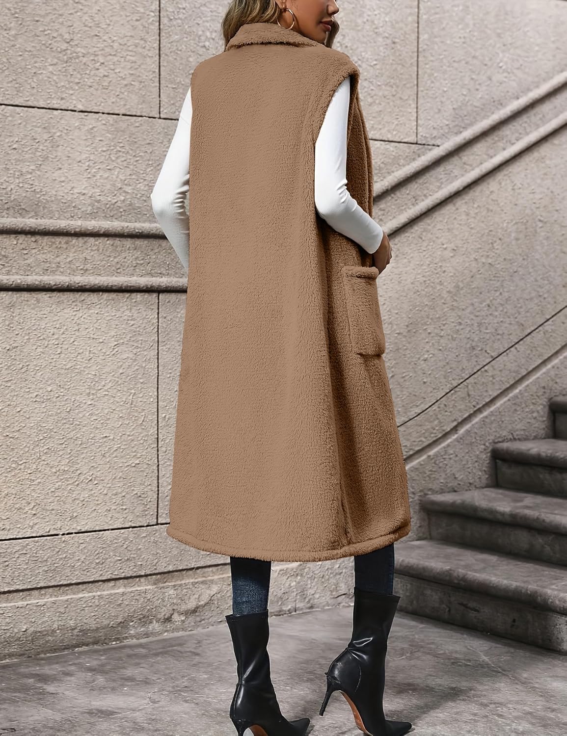 IDEALSANXUN Womens Long Fleece Vest Tops Fall Winter Casual Sleeveless Sherpa Jacket Outerwear - Image 3