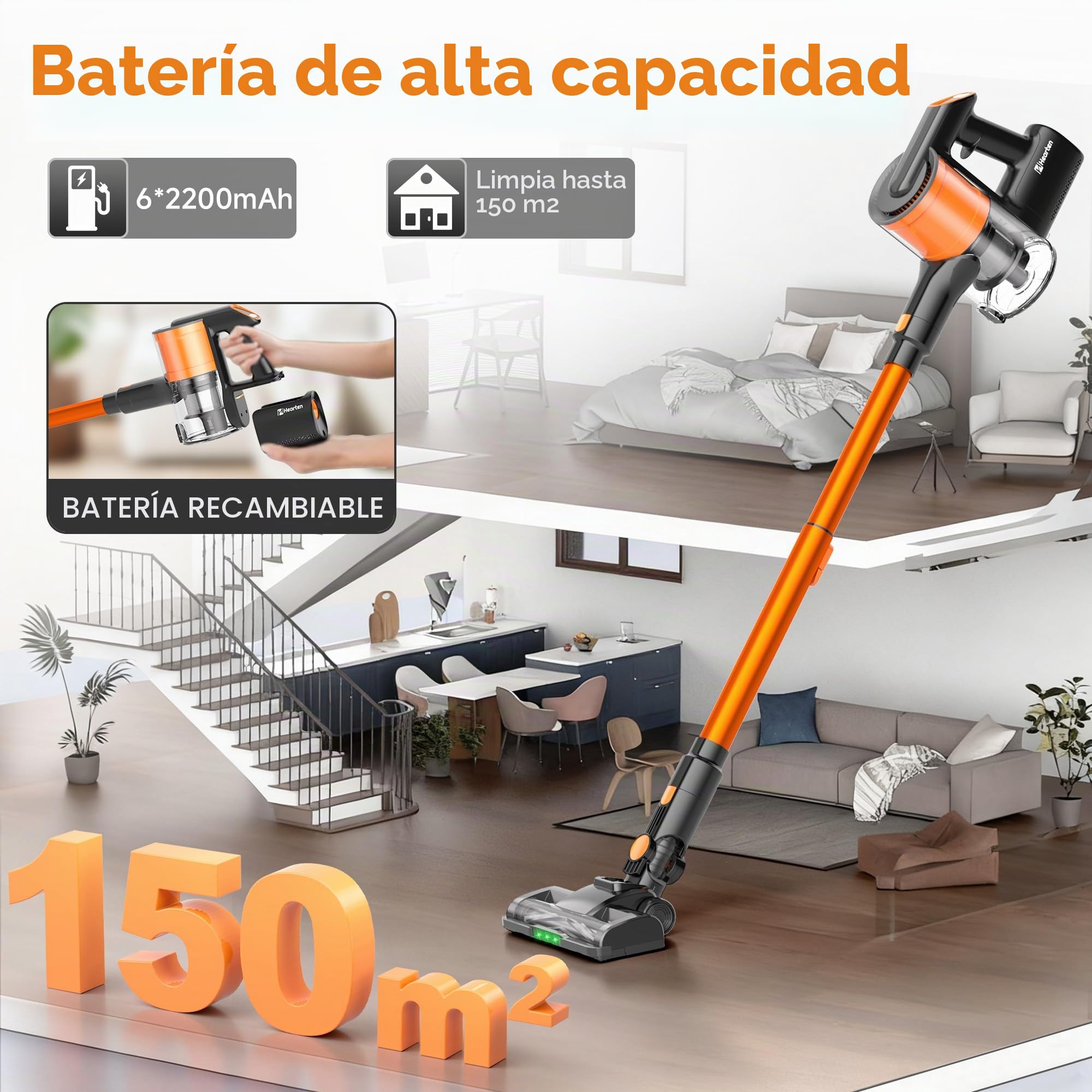 Hearten Aspiradora sin Cable, 48000Pa/450W/60Min, Aspiradora Ligera con Pantalla LED, Cepillo Anti-Enredos V, 60dB Silenciosa, Control One-Touch, para Alfombras, Suelos Duros y Pelo de Mascotas