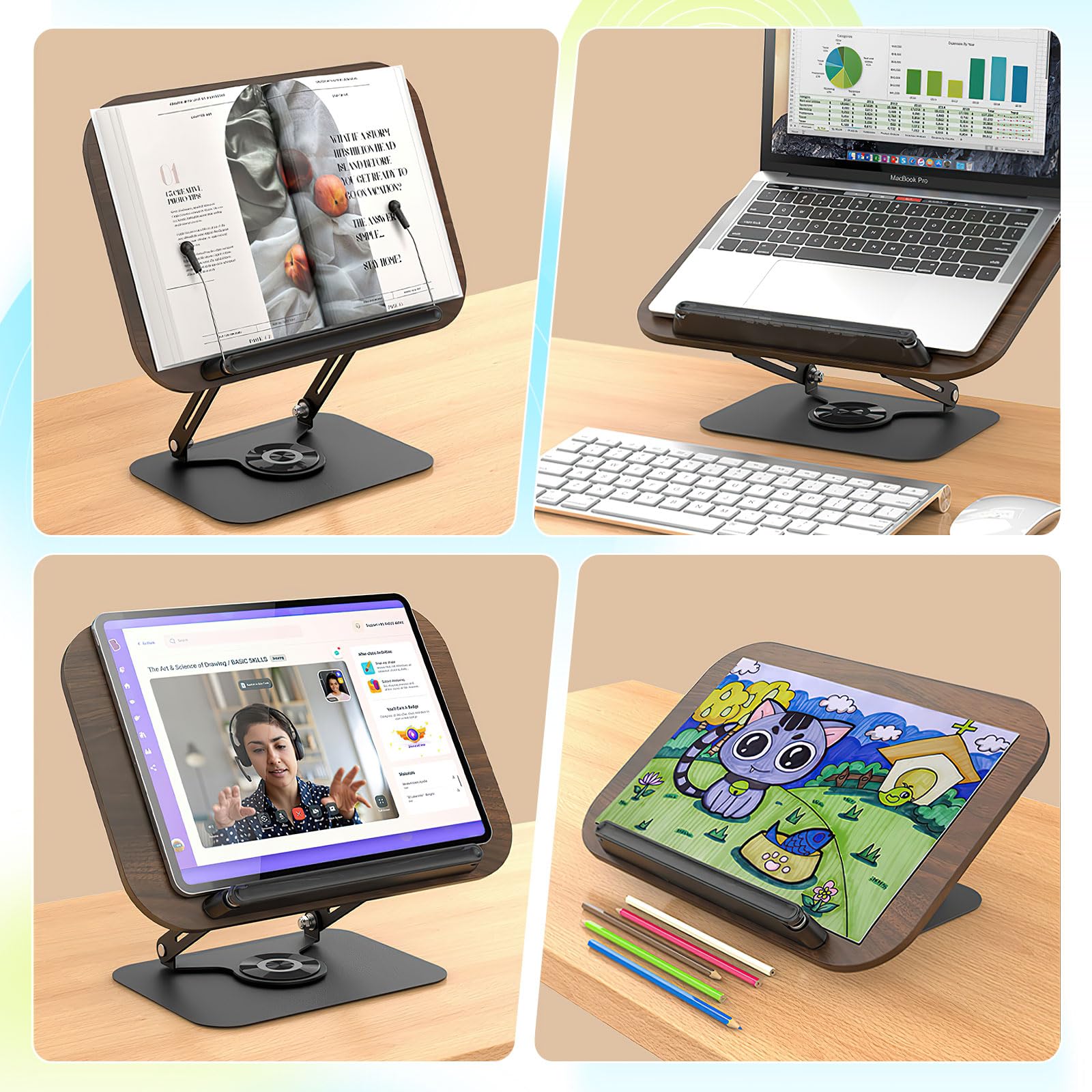 Leggio per Libri con Base Girevole a 360°,Supporto per Libri in Legno,Supporto per Lettura Pieghevole, con clip laterale,per ricette, riviste, tablet, laptop,Spartito