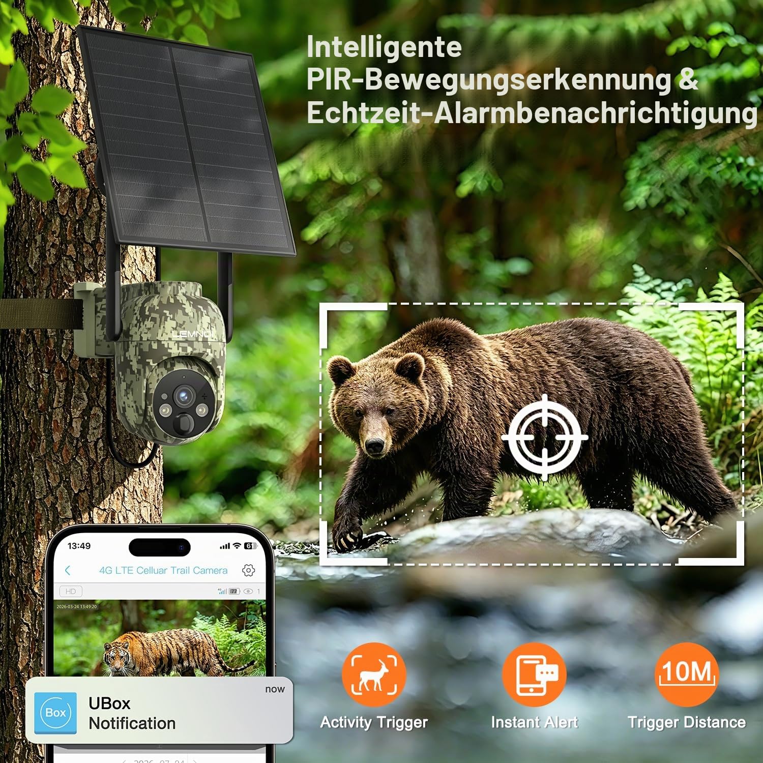 Lemnoi Solar Wildkamera Ohne WLAN, 4G LTE Überwachungskamera Aussen mit vorinstallierter SIM-Karte, 2K Akku Wildkamera mit Bewegungsmelder, Farbnachtsicht, Solarpanel, IP66 wasserdicht