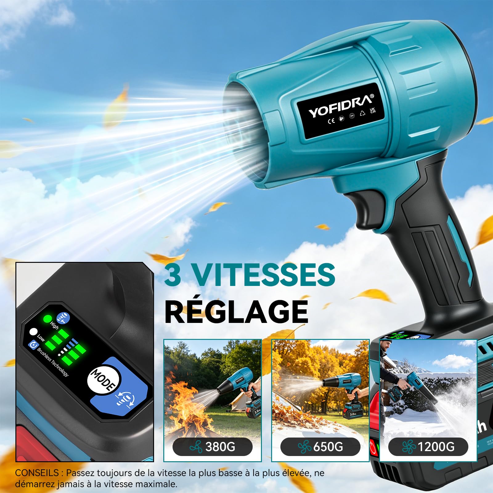 Yofidra Souffleur de Feuilles sans Fil, Mini Souffleur à Feuilles avec Turbocompresseur, 33 000 TR/Min, 300m/s, avec 2 Batteries, 3 Vitesses, 4 Buses, pour Jardin, Voiture, Terrasse et