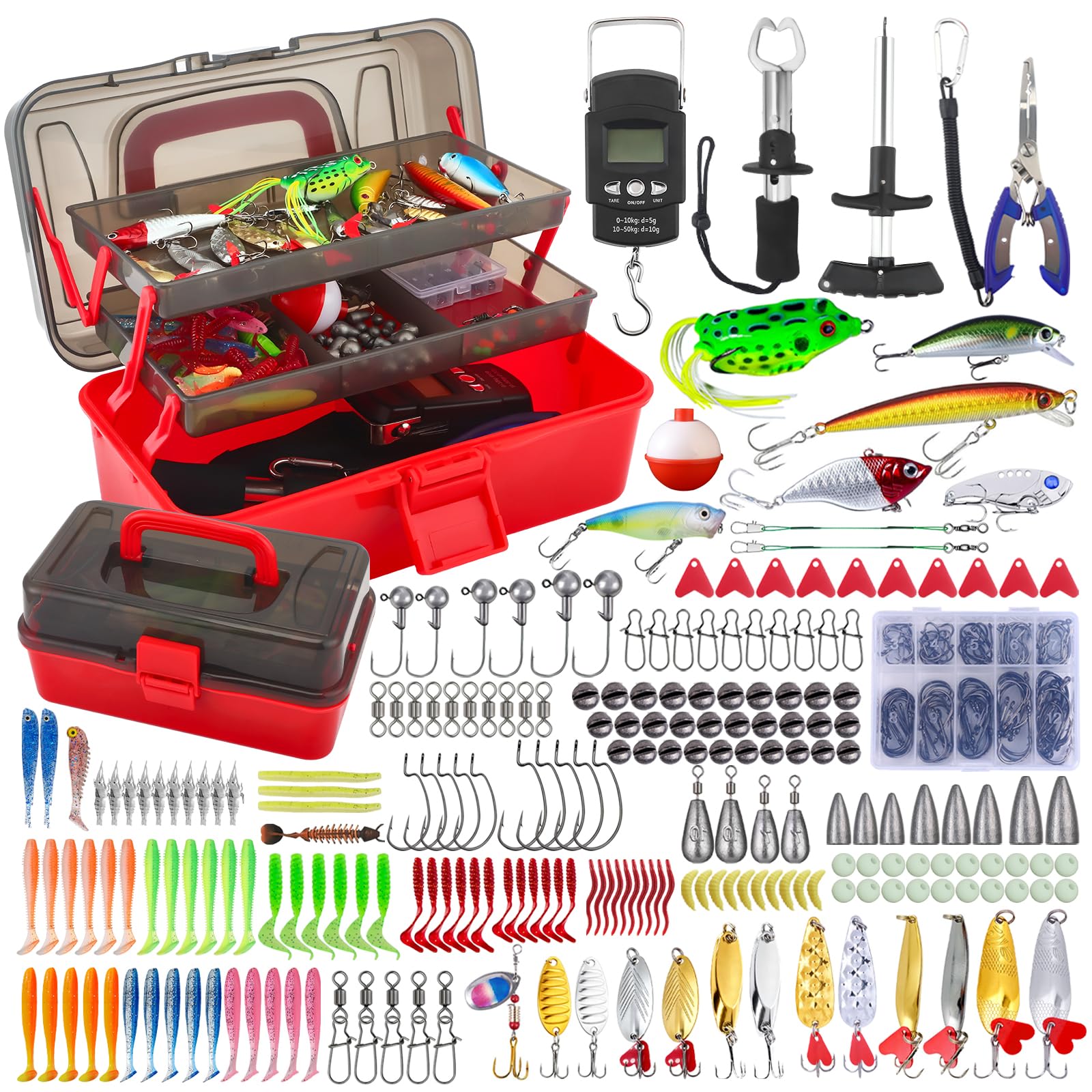 Juego de señuelos de pesca, 314 unidades, accesorios de pesca y accesorios de pesca con clips para labios, anzuelos, pesos de pesca, maletín de 3 estantes con accesorios, equipo de pesca adecuado para