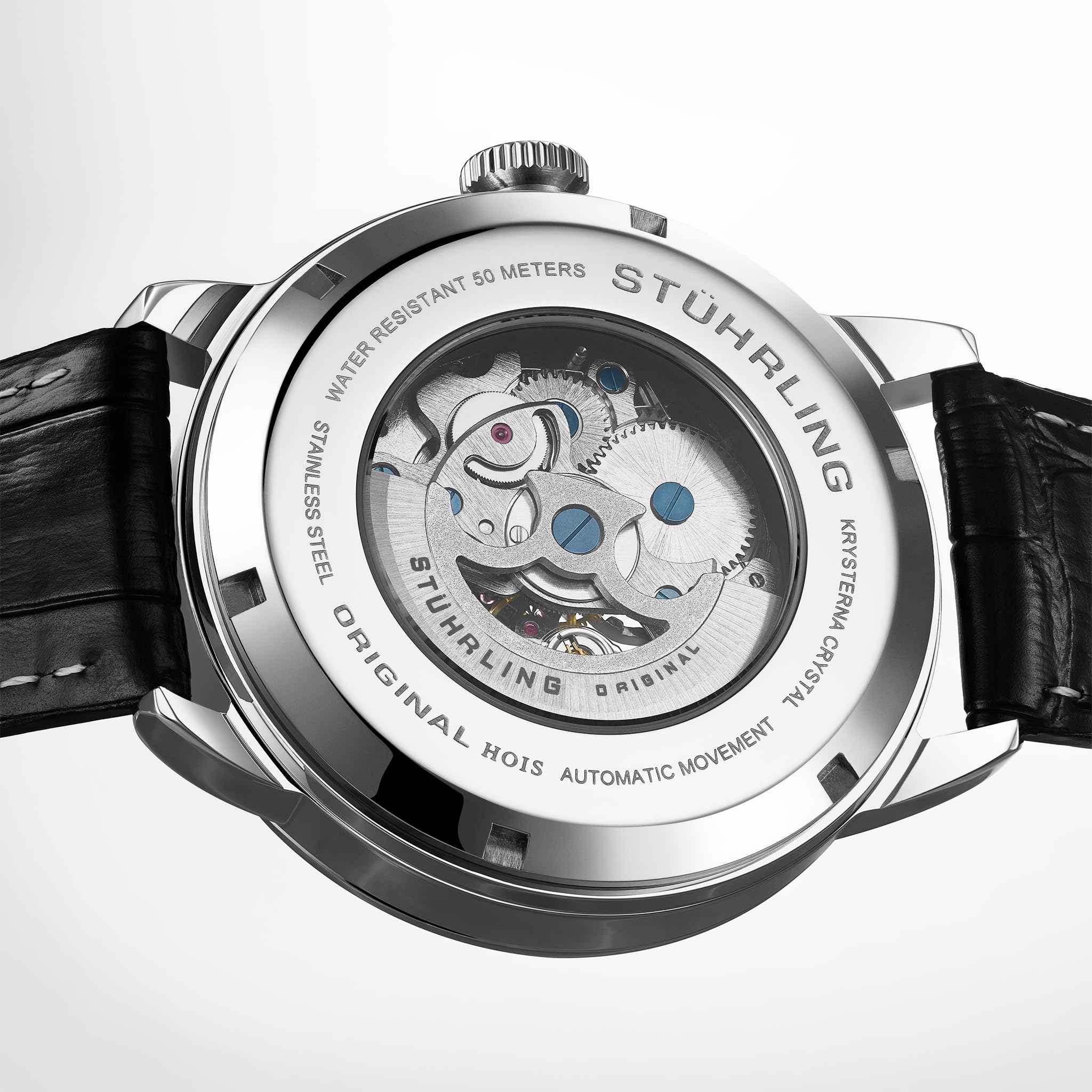 Stührling Orologio automatico scheletrato da uomo Original con cinturino in pelle stampata alligatore e quadrante scheletrato