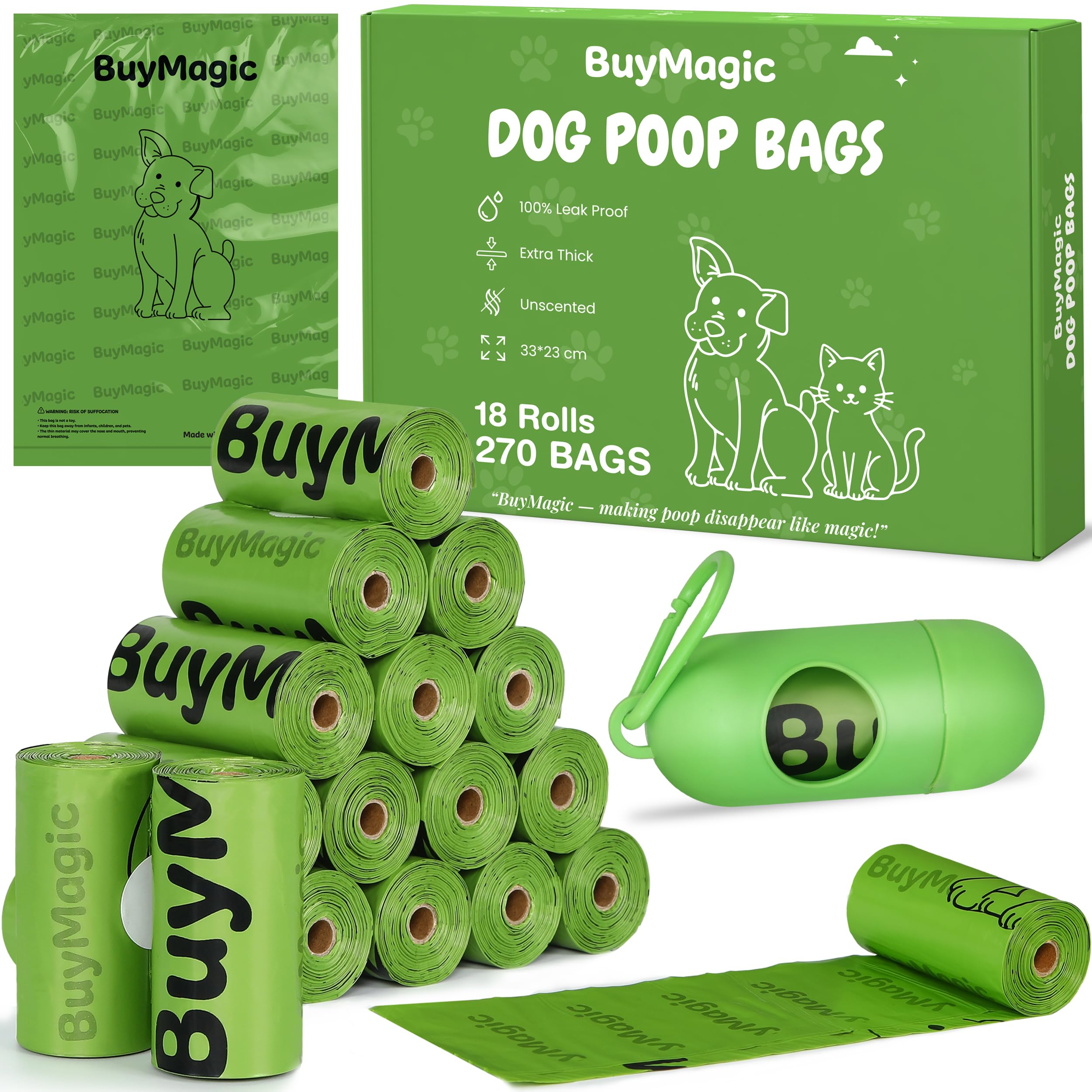 BuyMagic Dog Poo Bags, 270 Extra Thick Poop Bags (18 Rolls) with Dispenser, 100% Leak Proof Dog Waste Bags, Unscented, Large 33×23 cm (Green)