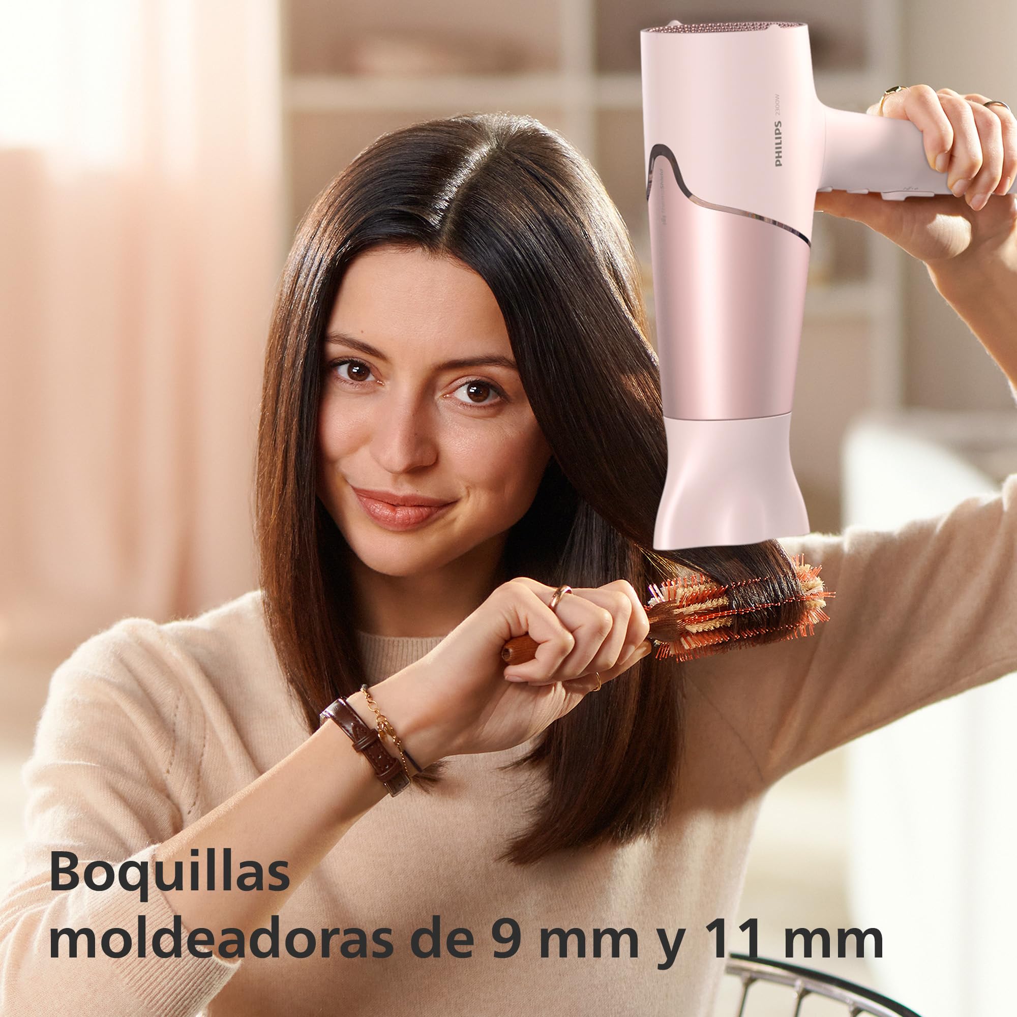 Philips Secador de Pelo Serie 5000, 2300w, con Tecnología ThermoShield, Boquilla UltraEstrecha, Boquilla Estrecha y Disfusor, BHD530/20, Blanco/Rosa