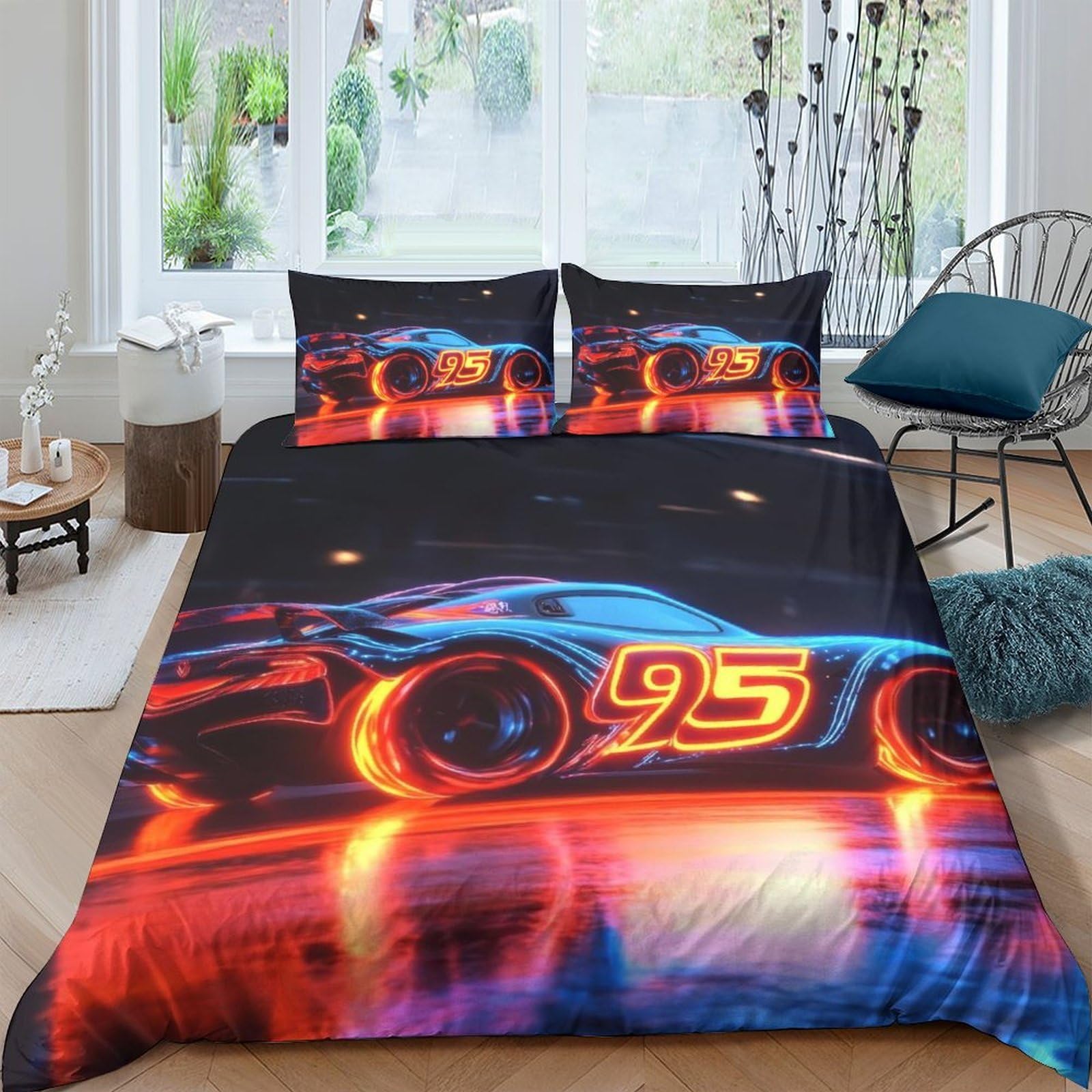 Ctjqhvkz Style-1 3D Printed Racing Car Fitted Sheet Microfiber Soft Bedroom Decor Neon Sports Mattress Cover For Home Dorm Single（135X200cm）