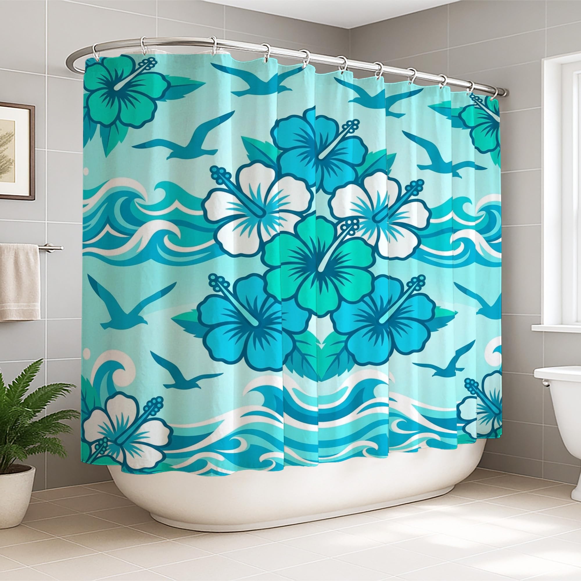 Rideau de douche extra large anti-éclaboussures 274x183 motif hibiscus lavable pour douche XXL