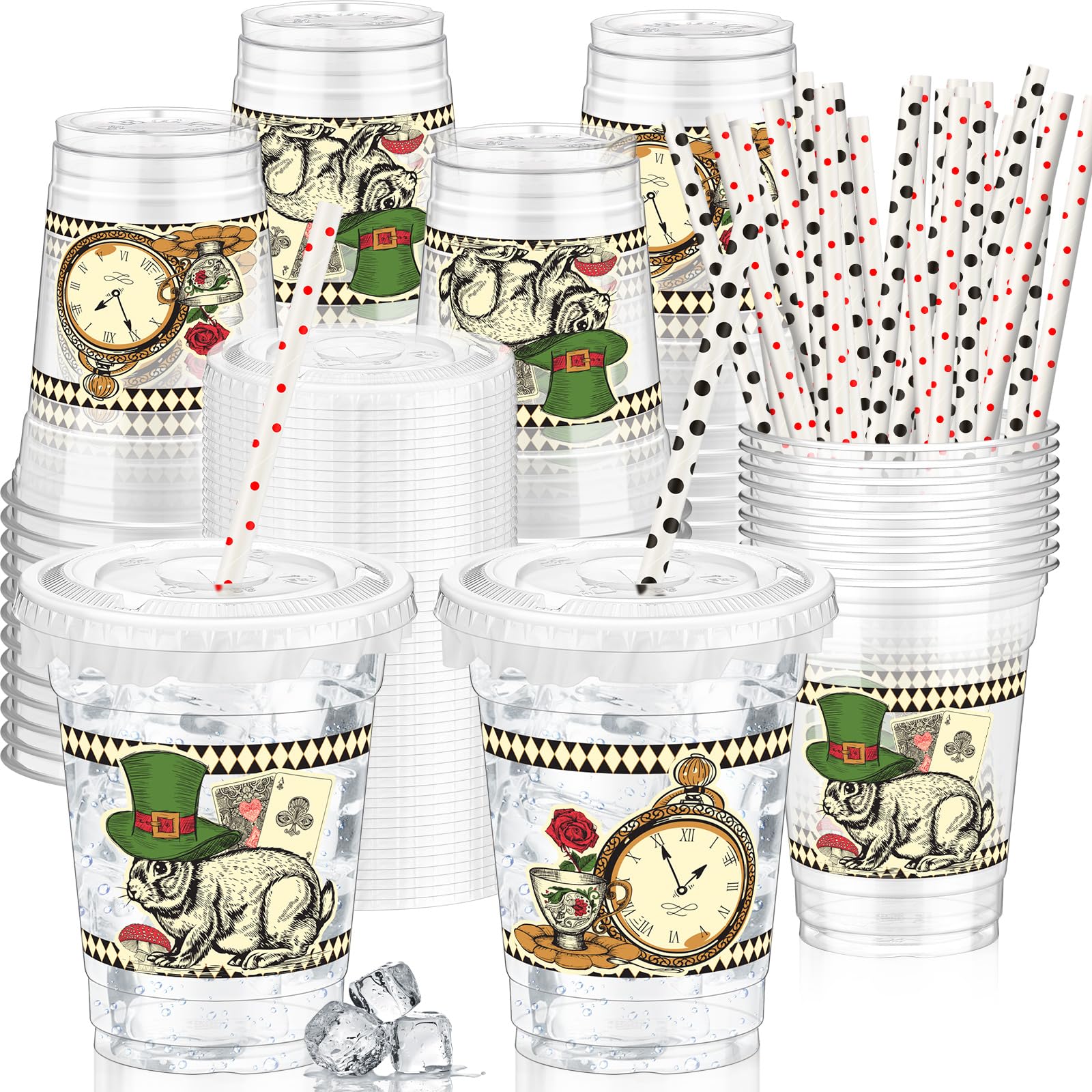 FoldTier 50 Pack Wonderland Themed Party Cups with Lids and Straws