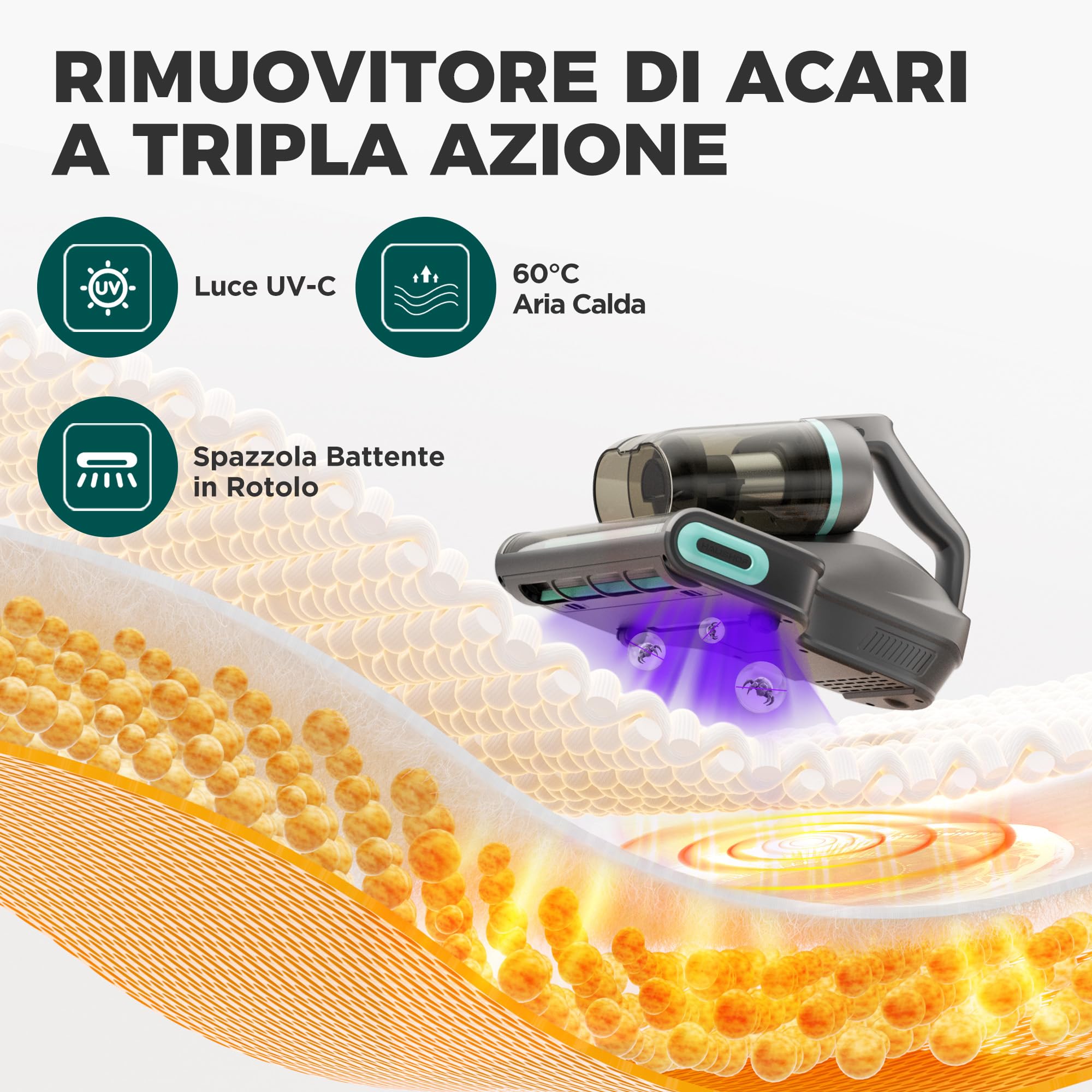 HAUSHOF Aspiratore per Materassi con 275 nm Luce UV-C, Battimaterasso Antiacaro con 60 ℃ Aria Calda, HEPA Filtro, Aromaterapia, 400 W Motore, Doppio Contenitore, Aspiratore Portatile per Letto, Divano
