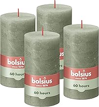 Bolsius Rustic Pillar Candles, Olive Green, Set of 4, Decorative Household Candles, Burning Length Time 60 Hours, Unscented, Natural Plant Wax, Without Palm Oil, 13 x 7 cm