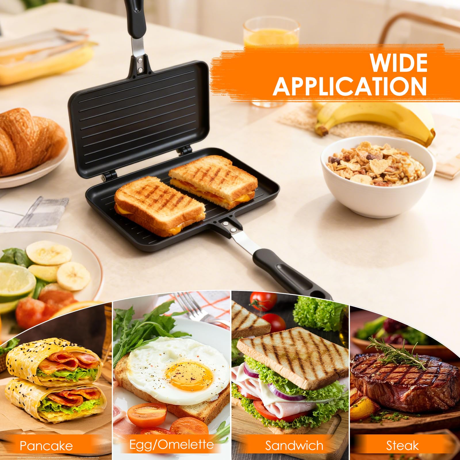 Towwoo Sándwich de doble cara, antiadherente, mango de aluminio, para tortillas y panini, 24 x 13,5 cm