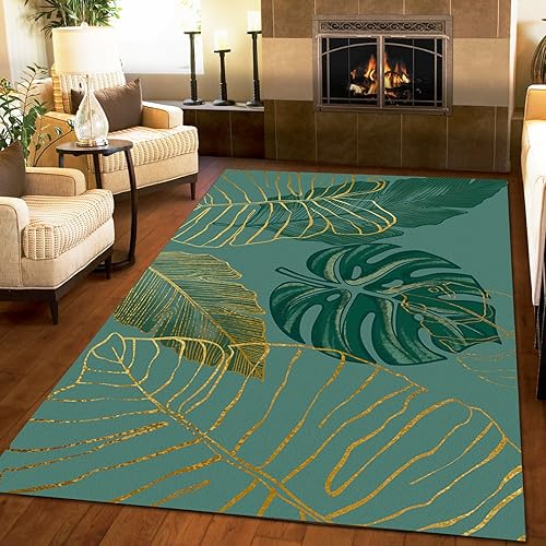 AUROZA Alfombra nórdica de lujo con diseño creativo y natural con estampado de hojas doradas, lavable, alfombra decorativa de hojas tropicales para