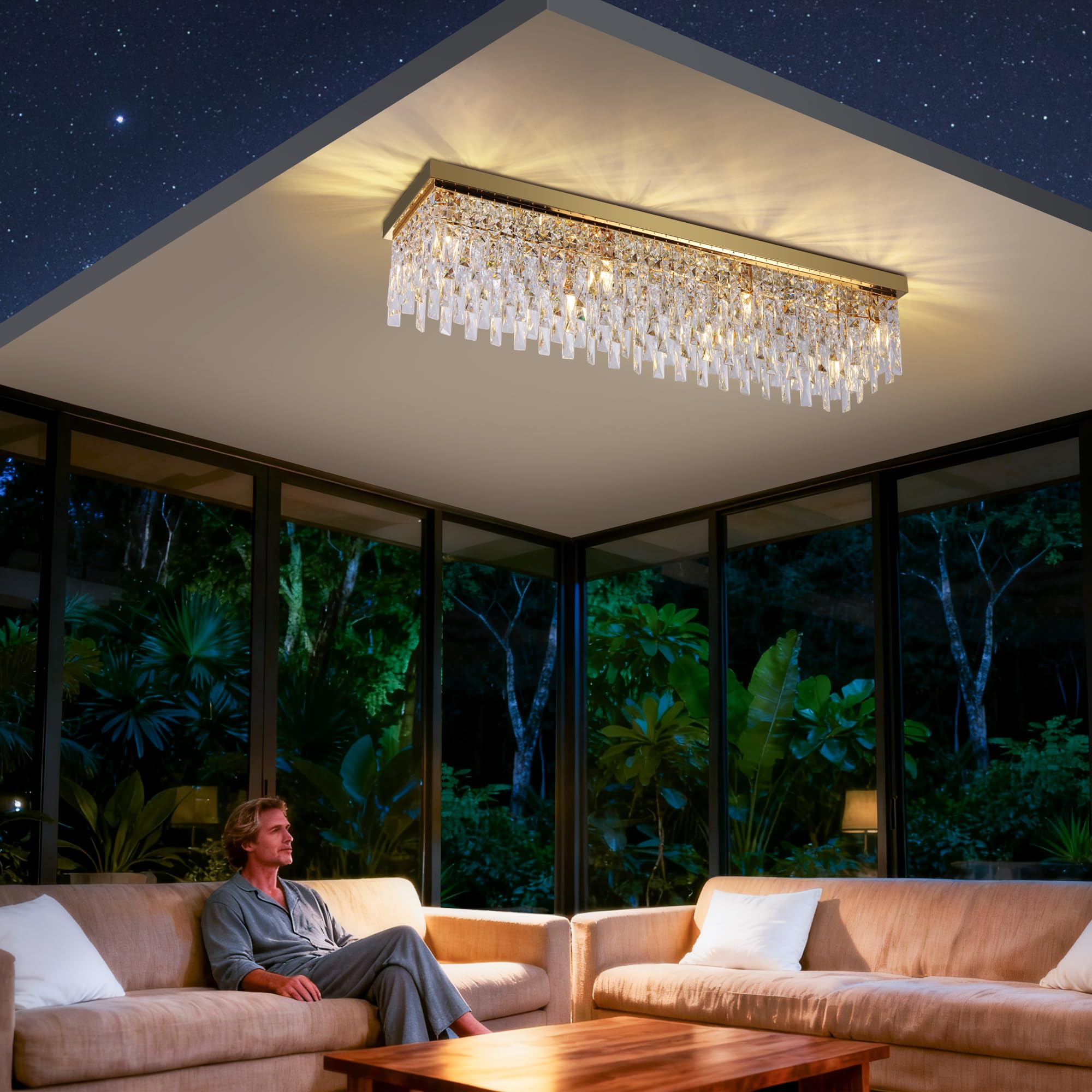 She's home Rectangular Crystal Chandelier Flush Mount 40" Gold Ceiling Light,Large K9 Raindrop Light Fixture,8 Lights Modern Chandeliers for Dining Room Living Room Bedroom-E12 Base