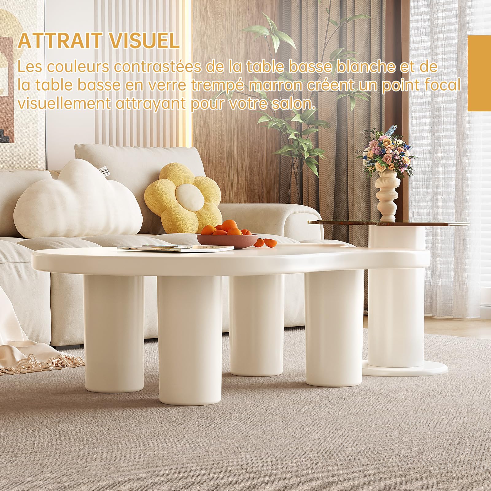 Miuuod Lot de 2 Tables Basses Modernes 2 en 1 de 104 cm, Tables Gigognes de Forme Irrégulière avec Plateau en Verre, pour Salon, Chambre, Bureau, Petits Espaces, Montage Facile, Blanc Crème