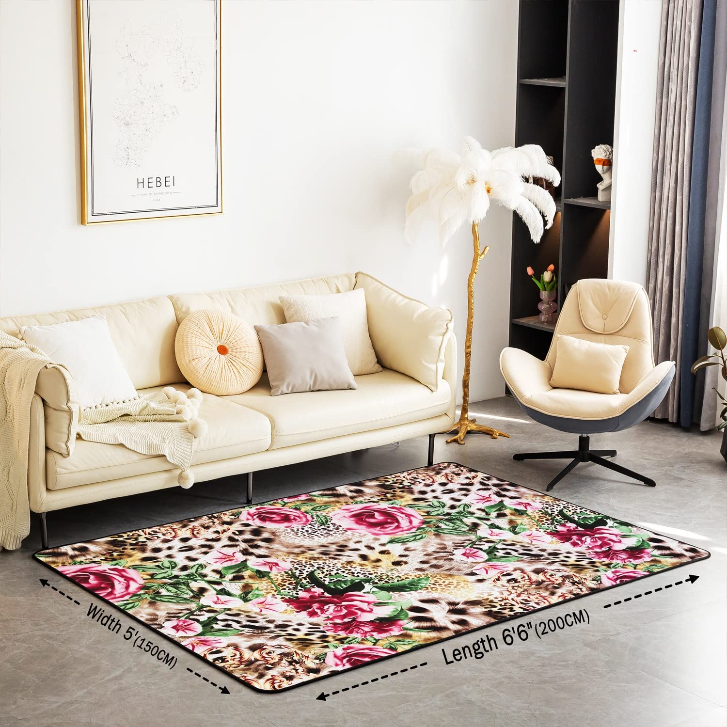 Homemissing Leopard Area Rug Kids Floral FLower Print Decorative Carpet Set Room Decorative Cute Cheetah Print Rugs for Living Room Safari Natural Theme Pink Indoor Floor Mat 100 * 150cm - Image 2