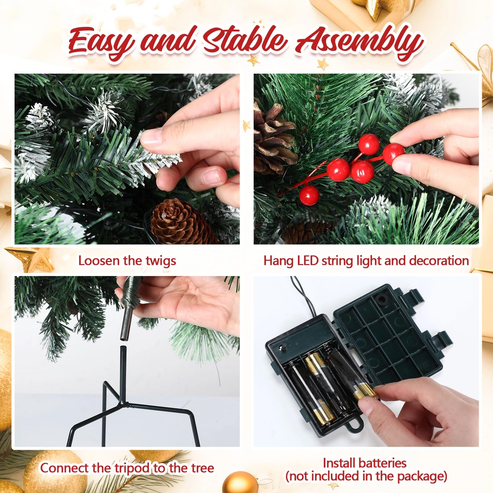 Hollowfly Lot de 2 urnes de Noël artificielles éclairées de 63,5 cm avec cônes et baies rouges - Décoration de Noël avec 70 lumières LED - Trépied