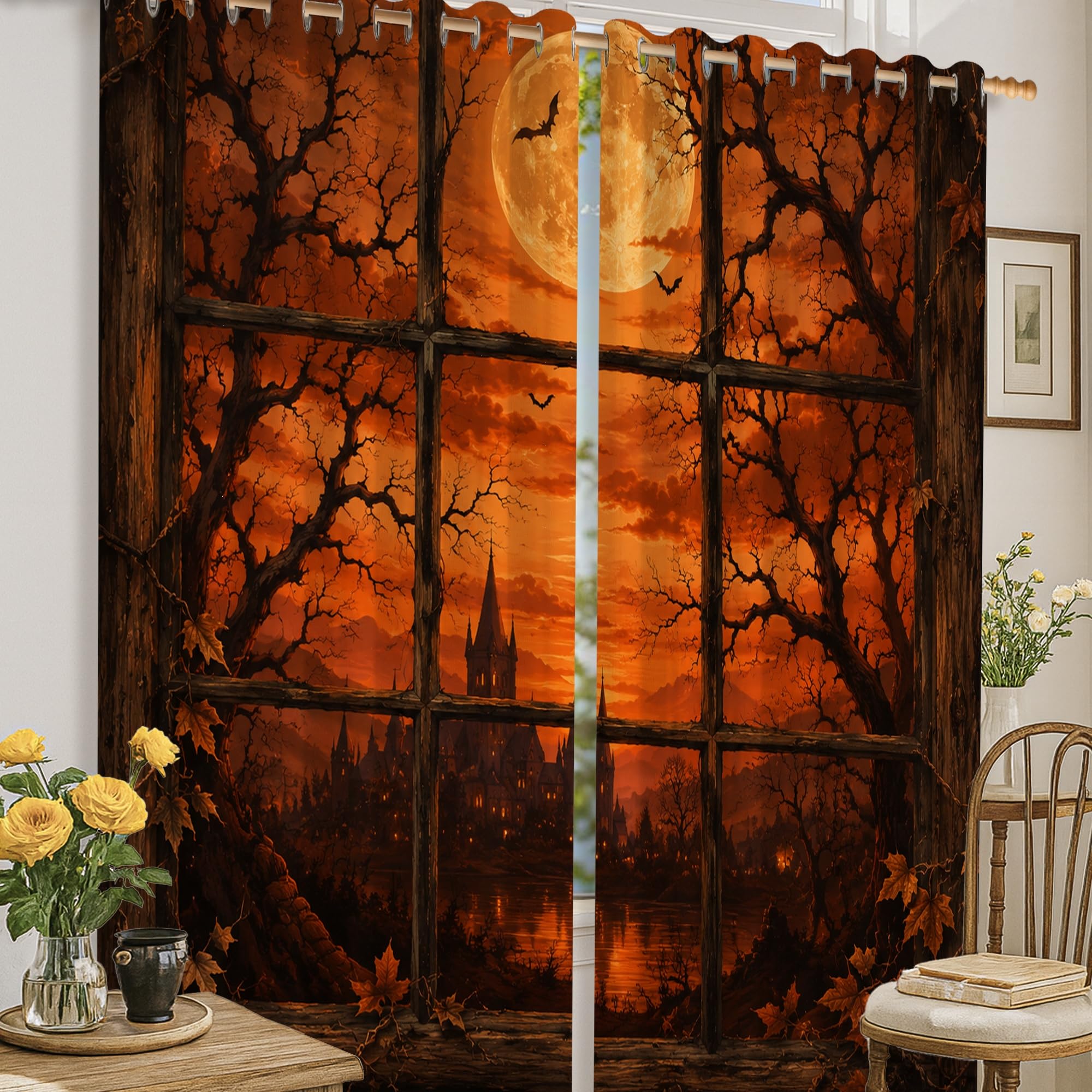 Rideau occultant gothique lune et chauve-souris orange 132x160 cm