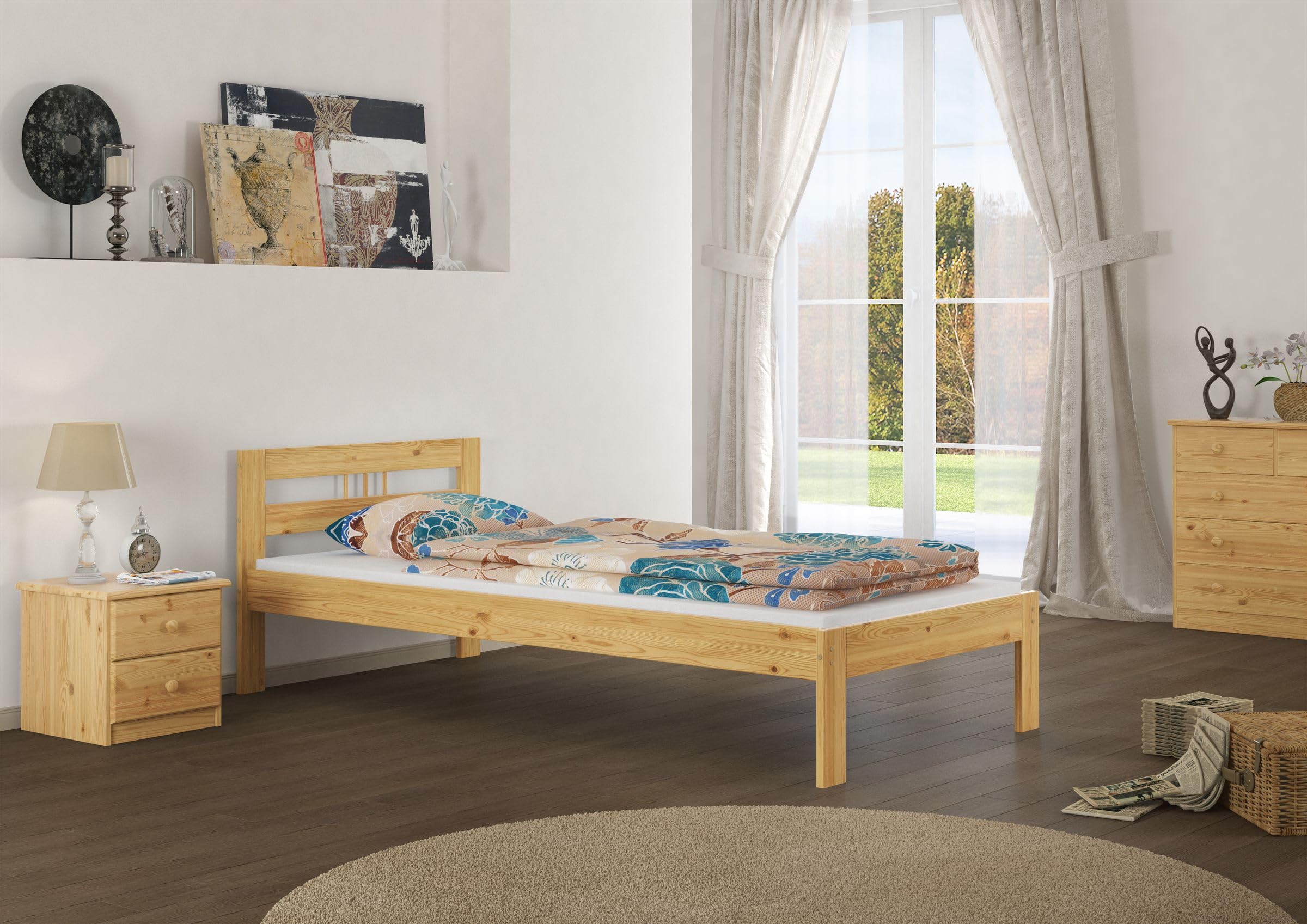 Erst-Holz Quattro Varianti x Letto Singolo 90x200 in Pino massello Laccato V-60.20-09, Accessori:Doghe in Assi di Legno rigide e Materasso