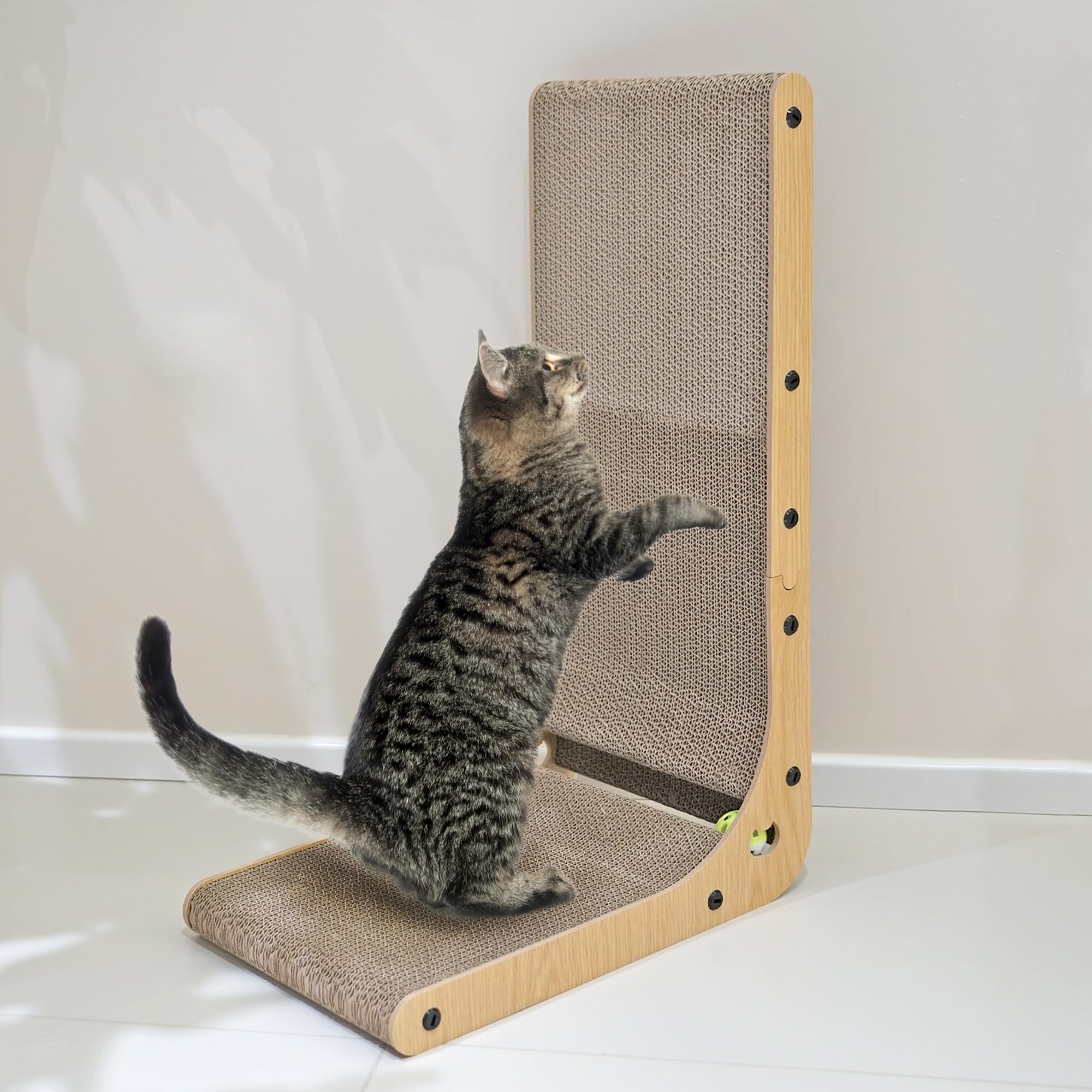PETKARAY Cat Scratcher, Cat Scratching Board, L Shape Cat Scratch Pad for Indoor Cats, Floor Mounted Scratching Cardboard with Ball Toy