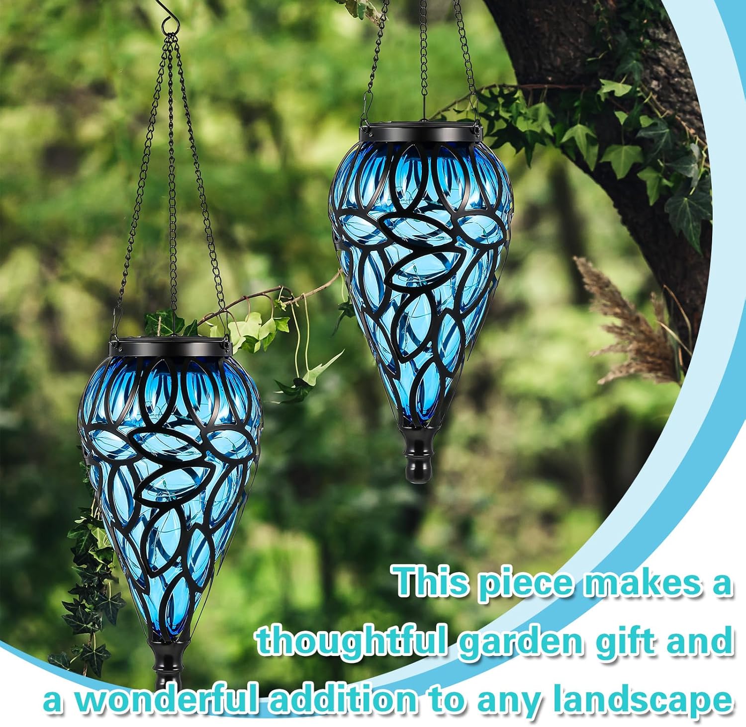 2 Set Solar Hanging Lantern Lights Outdoor Chandelier Moroccan Hanging Solar Light Tear-Shaped 15 LEDs Cool White with S Hooks for Christmas Garden Yard Pathway Landscape Decor(Blue) - Image 3