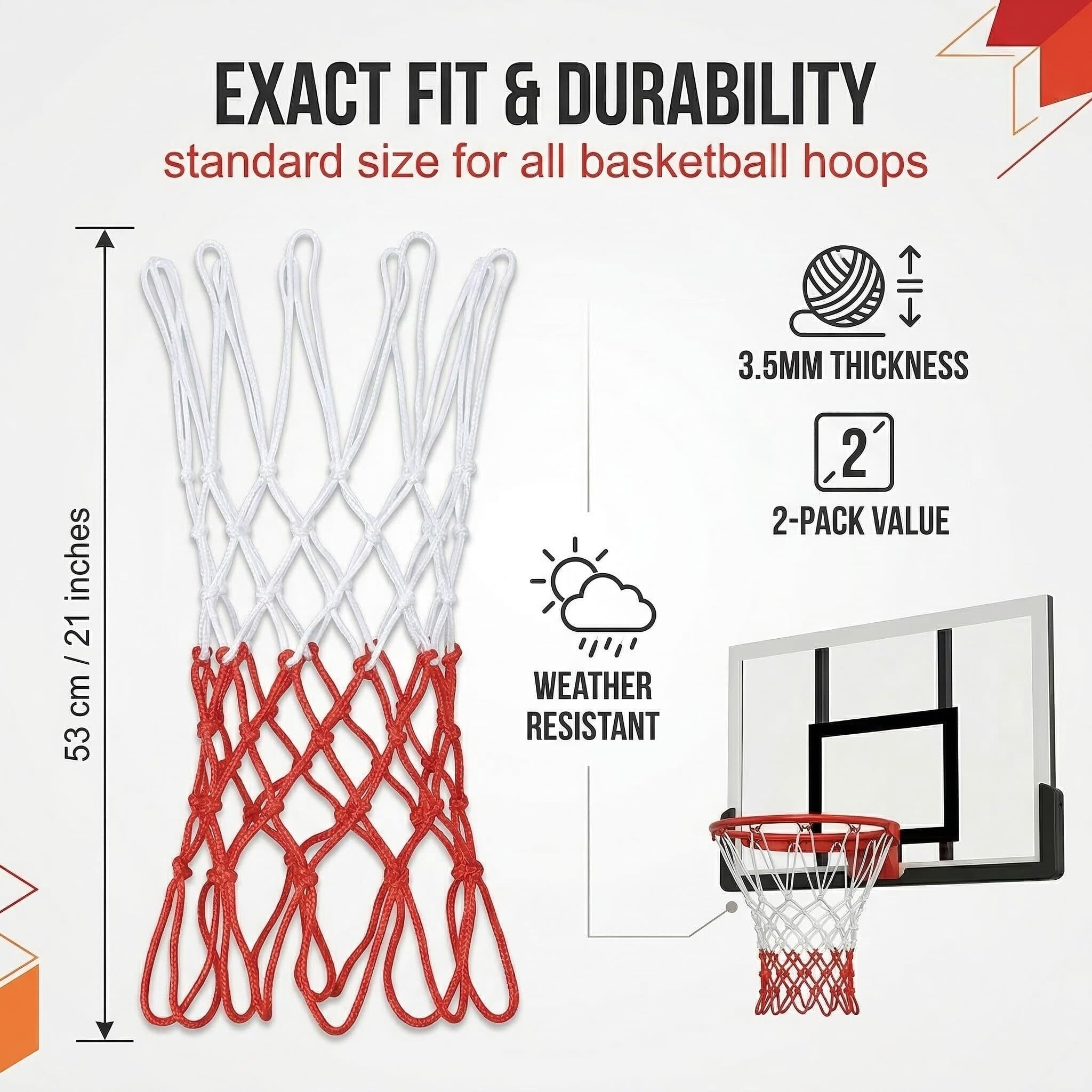 2 Pezzi Rete da Basket Professionale, Retina Canestro Anti-Groviglio in Poliestere, Resistente alle Intemperie, Bianco e Rosso, Accessori Basket Standard