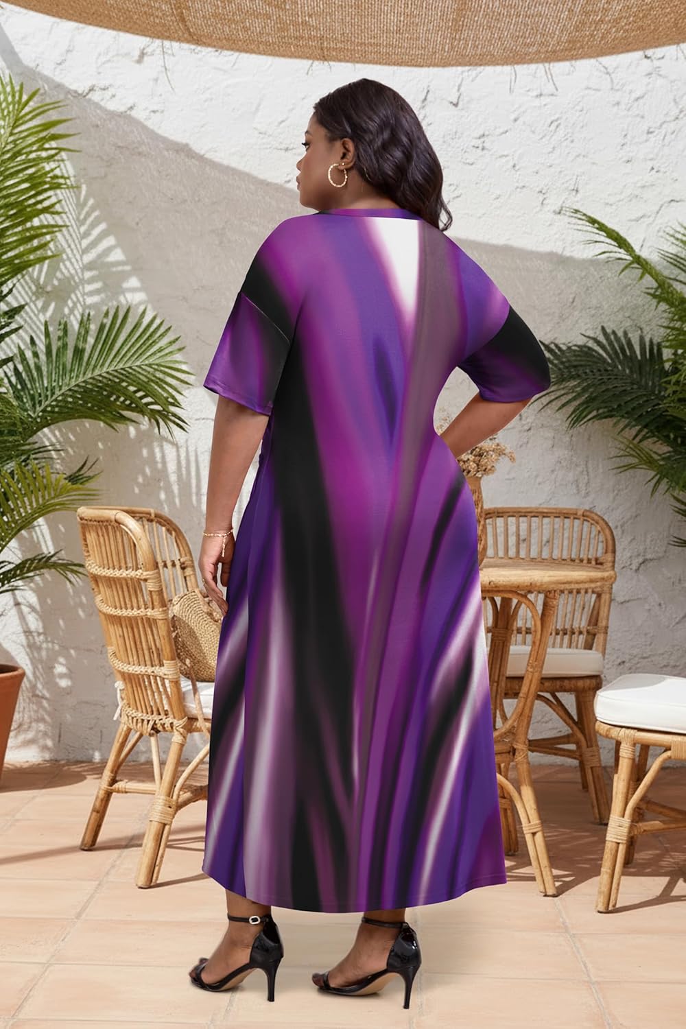 Runwind Plus Size Maxi Dress for Women Short Sleeve V Neck Casual Long Dresses with Pockets - Image 6