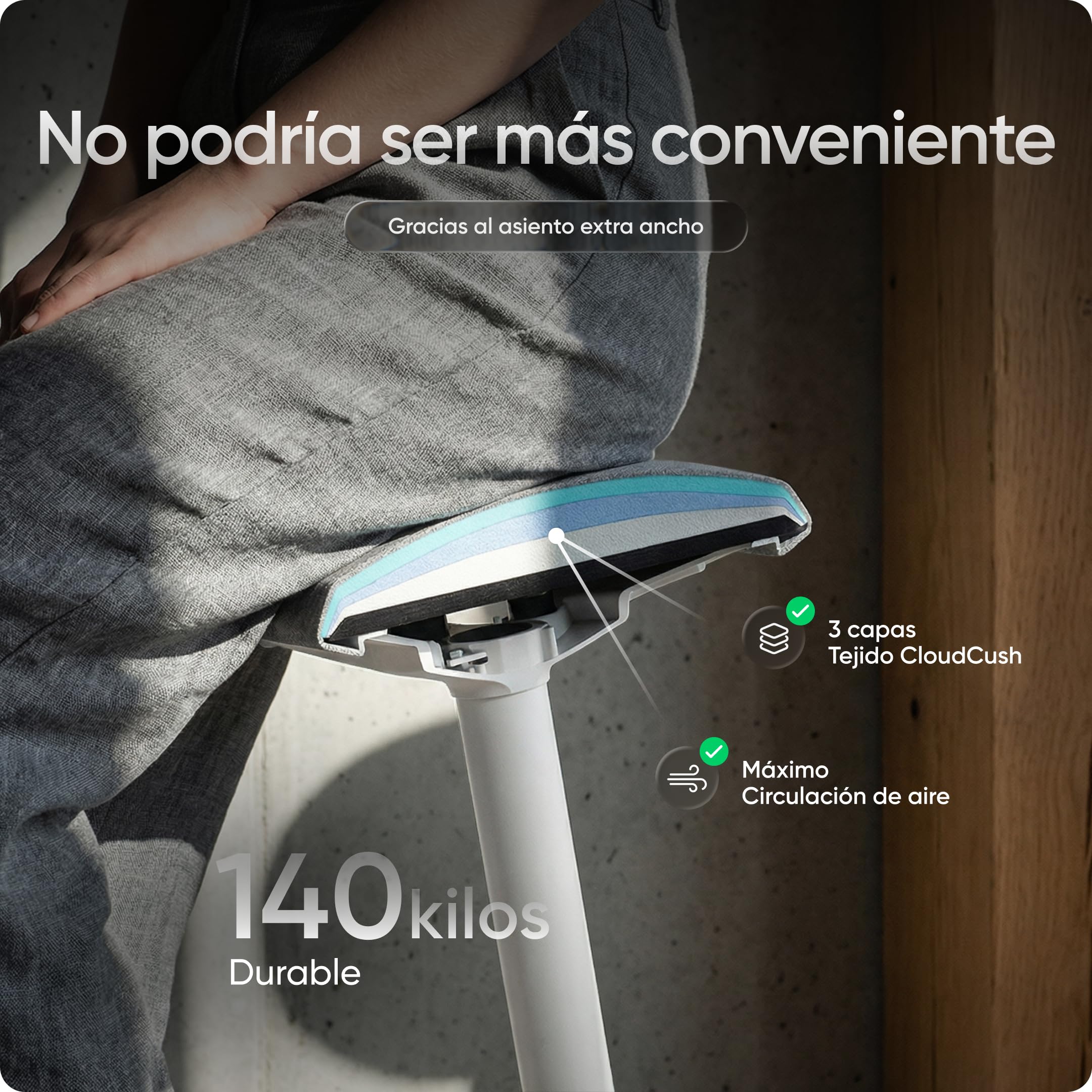 Motion - Taburete ergonómico para Oficina y Suelo, Ajustable en Altura, con Base y Asiento Extra Grande, para prevenir Dolores en la Espalda y el Cuello (Blanco)