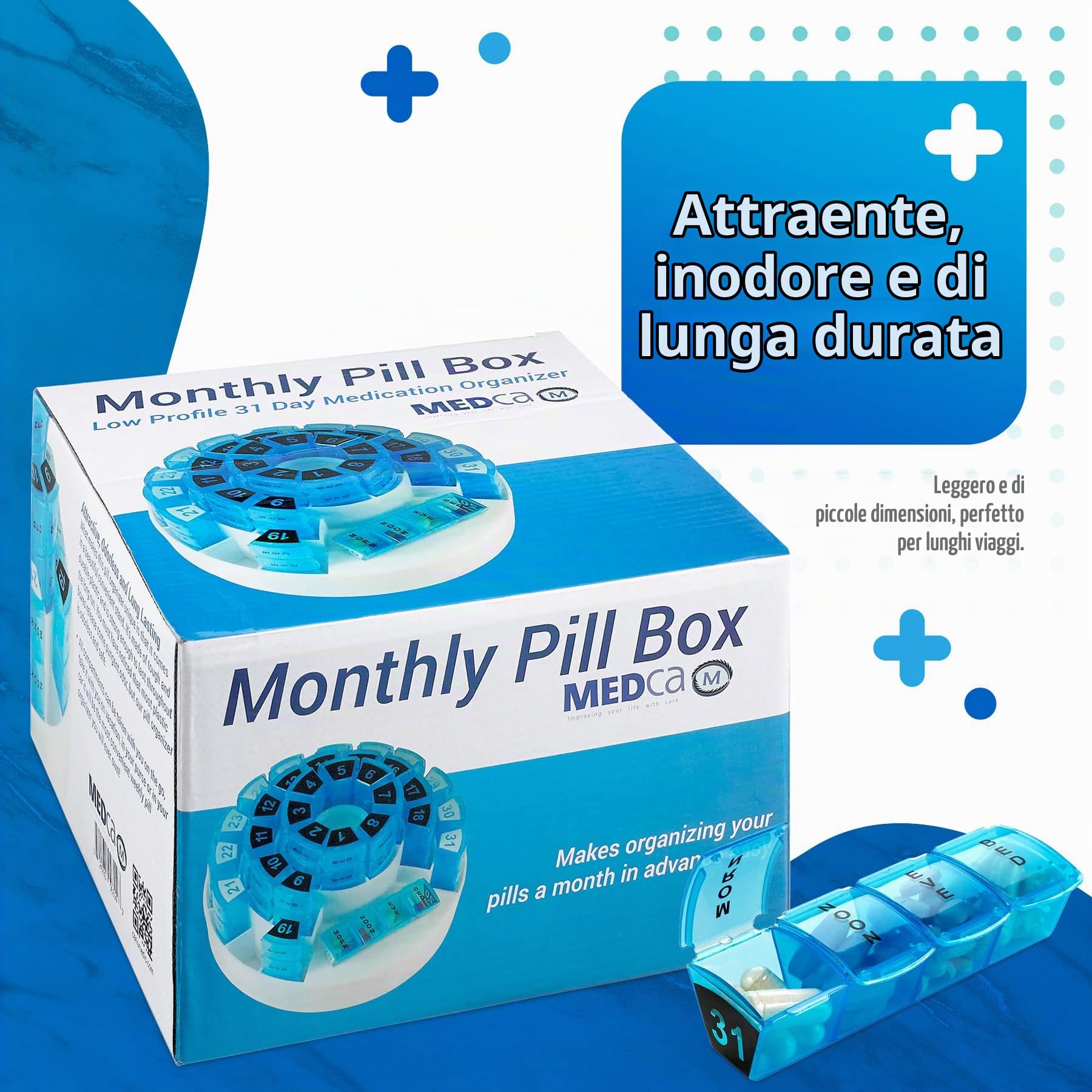 Contenitore Mensile per Pillole di MEDca – Organizer Intelligente per Medicinali con Sezione Dosi Multiple Giornaliere, Scomparti Removibili Perfetto per Viaggiare
