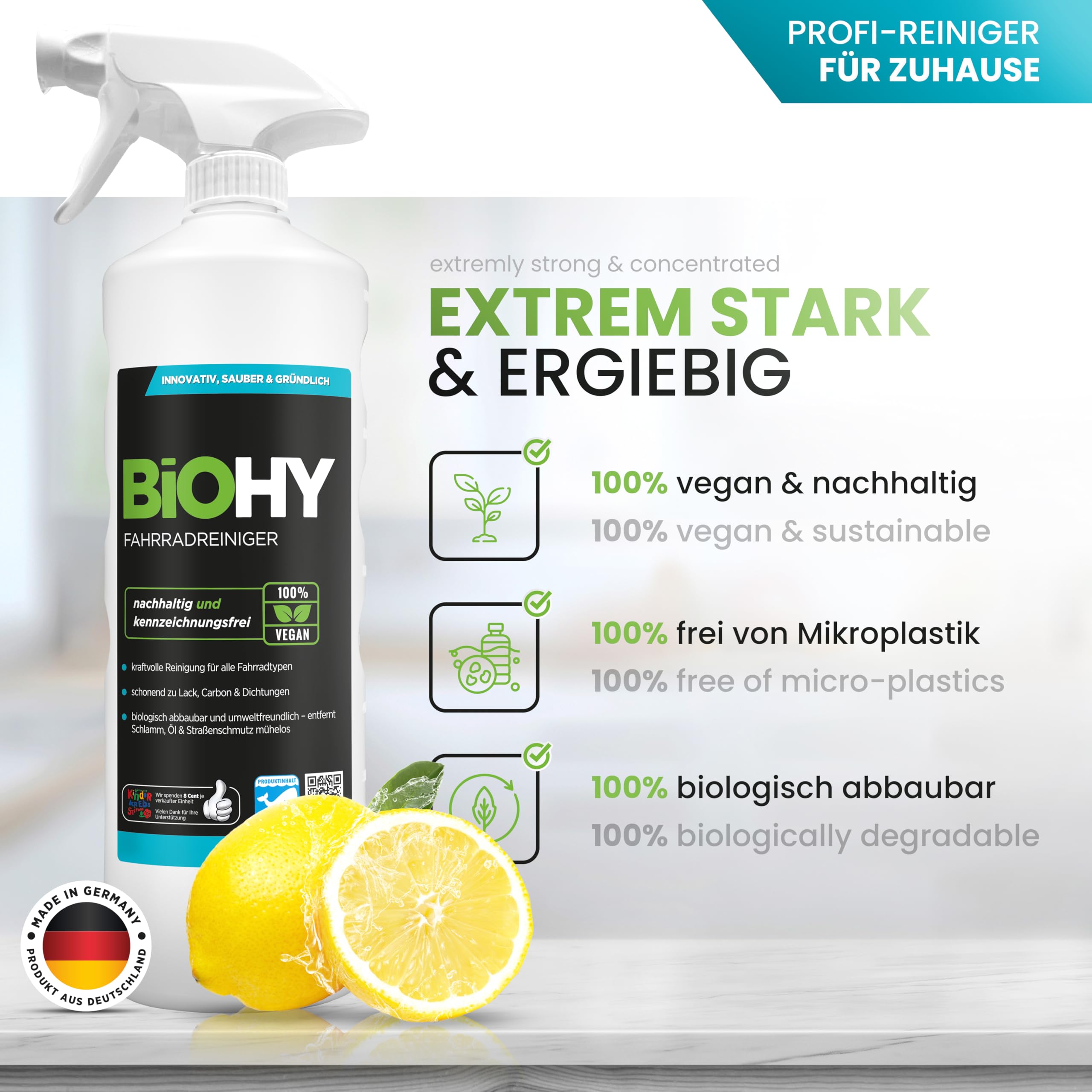 BiOHY Limpiador de bicicletas (6 x 1 litro) | Espuma altamente eficaz | Biodegradable | Ideal para bicicletas eléctricas y todas las bicicletas | Spray de limpieza