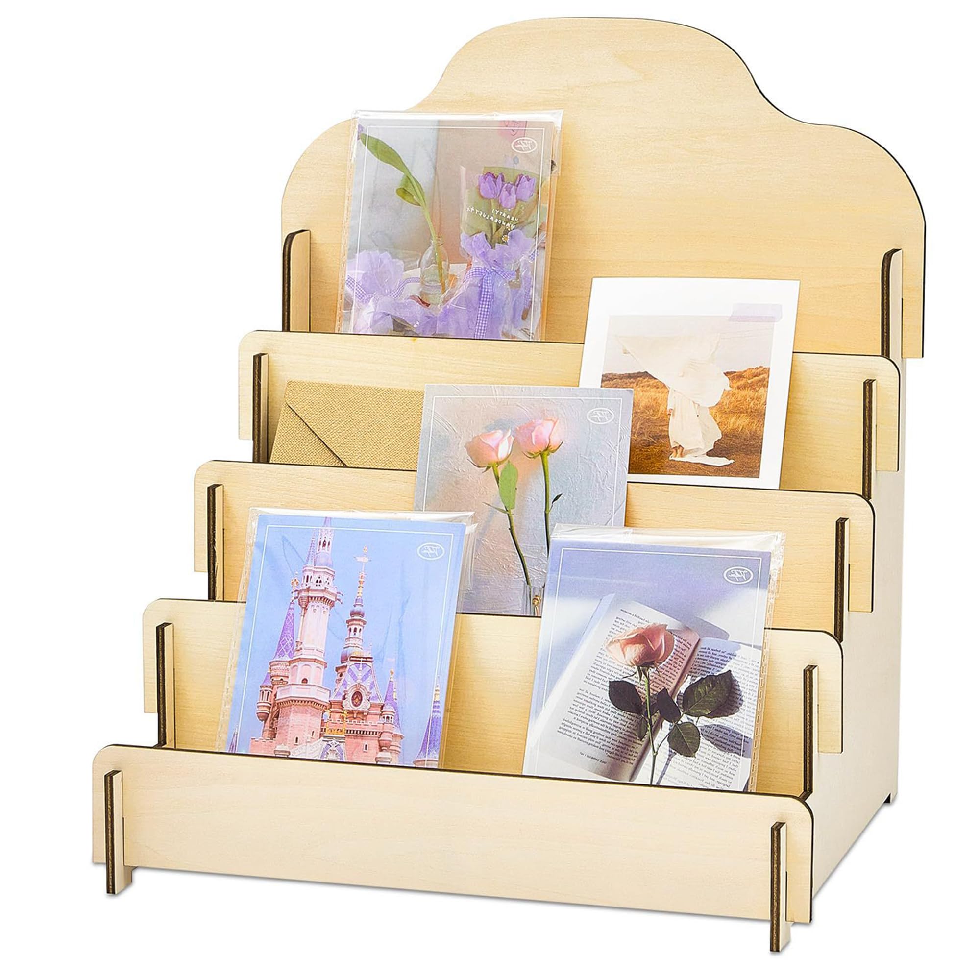 Espositore per biglietti di auguri a 4 ripiani, in legno, per cartoline, adesivi, biglietti regalo per vacanze (colore legno)