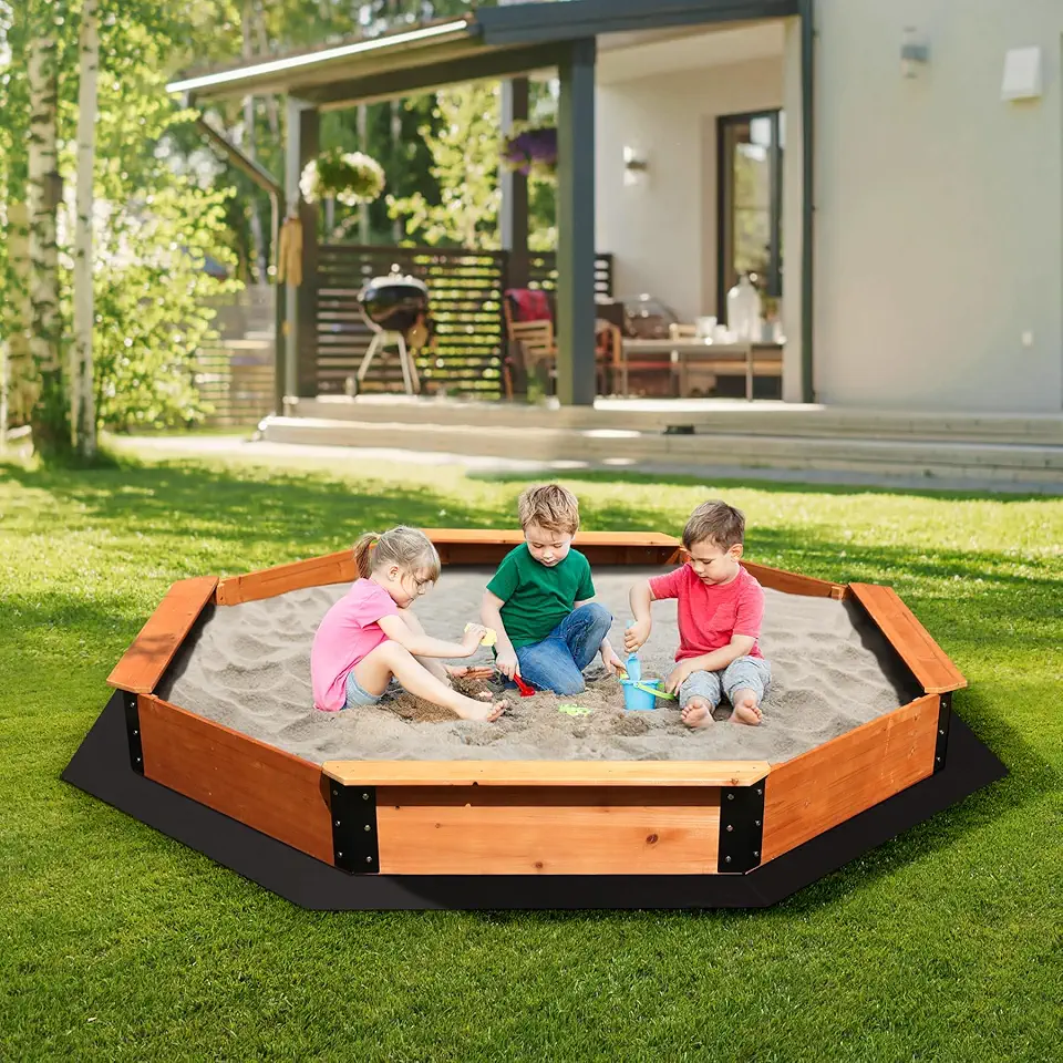 FUNTOK 85''x85''x9'' Octagon Sandbox for Kids, Large Natural Wooden Sandpit with 4 Benches, Bottom Liner, PVC Cover, 198 Lbs Weight Capacity, Sand Box for Backyard, Patio