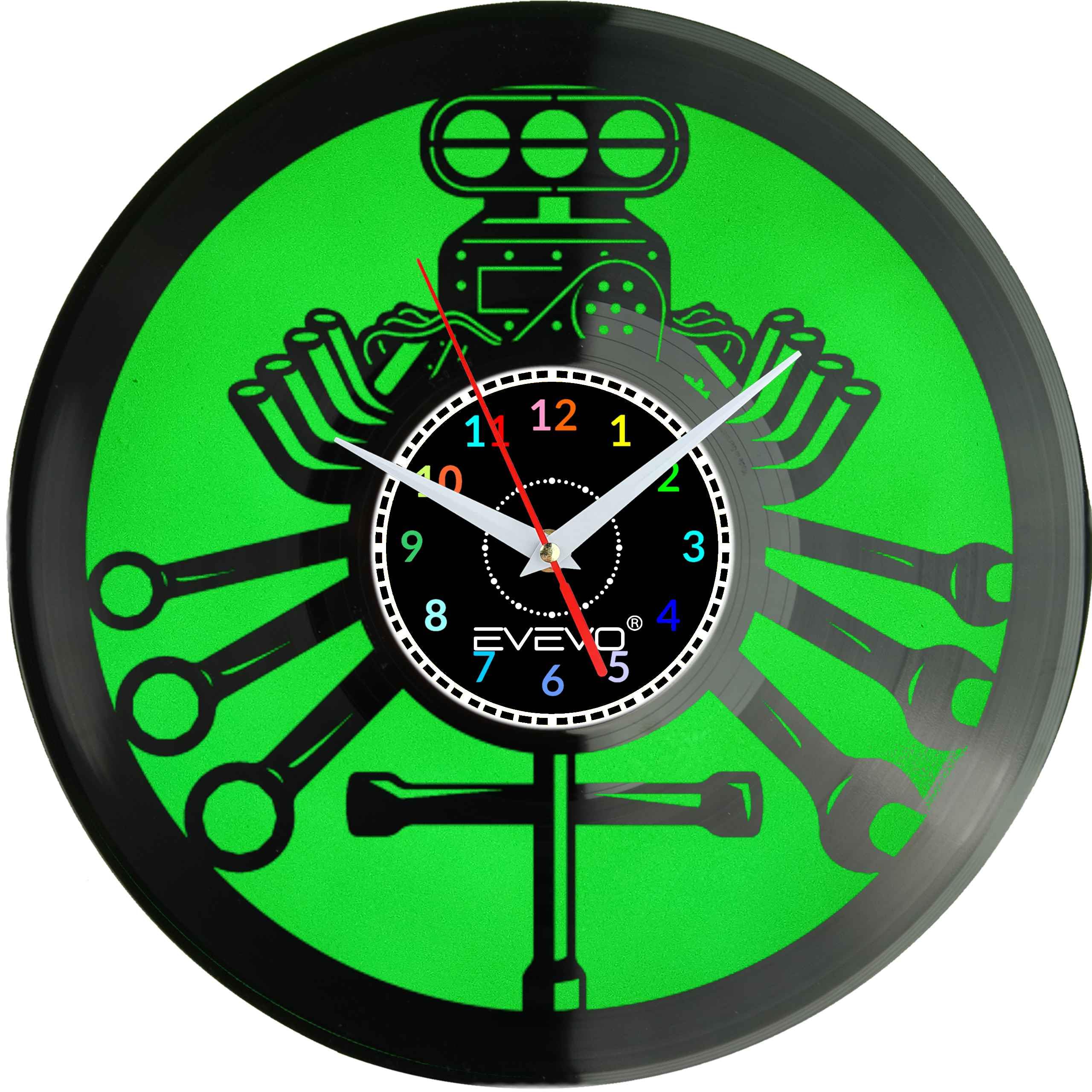 ZEGAR ŚCIENNY SERWIS MECHANIK SILNIK FLUORESCENCYJNE TŁO PŁYTA WINYLOWA PREZENT UPOMINEK URODZINY GIFT SOUVENIR EVEVO F0033