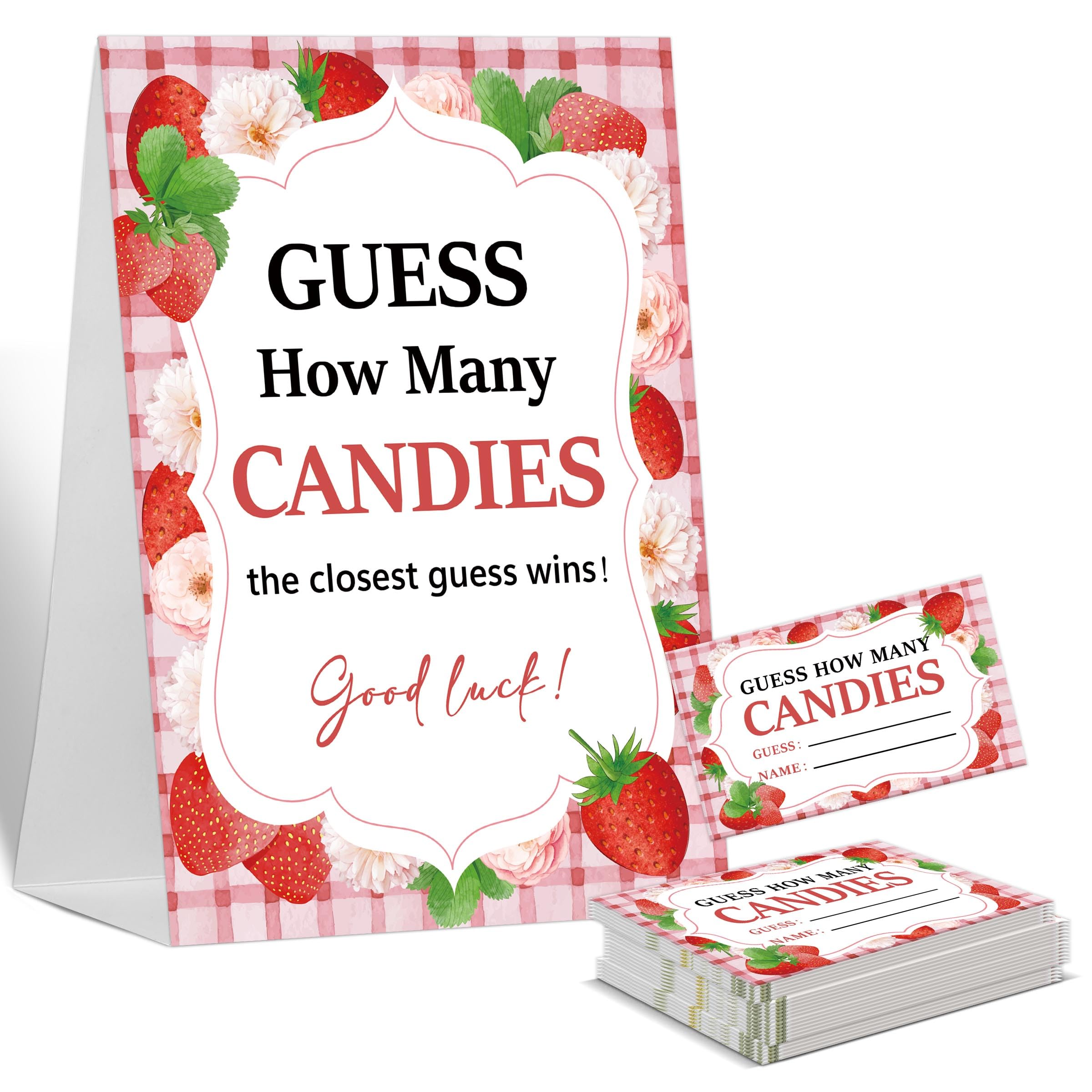 Sxurt How Many Baby Shower Games How Many Candies, 1 Standing Sign and 50 Cards, Sweet Strawberry Gender Neutral Baby Shower Decoration, Gender Reveal