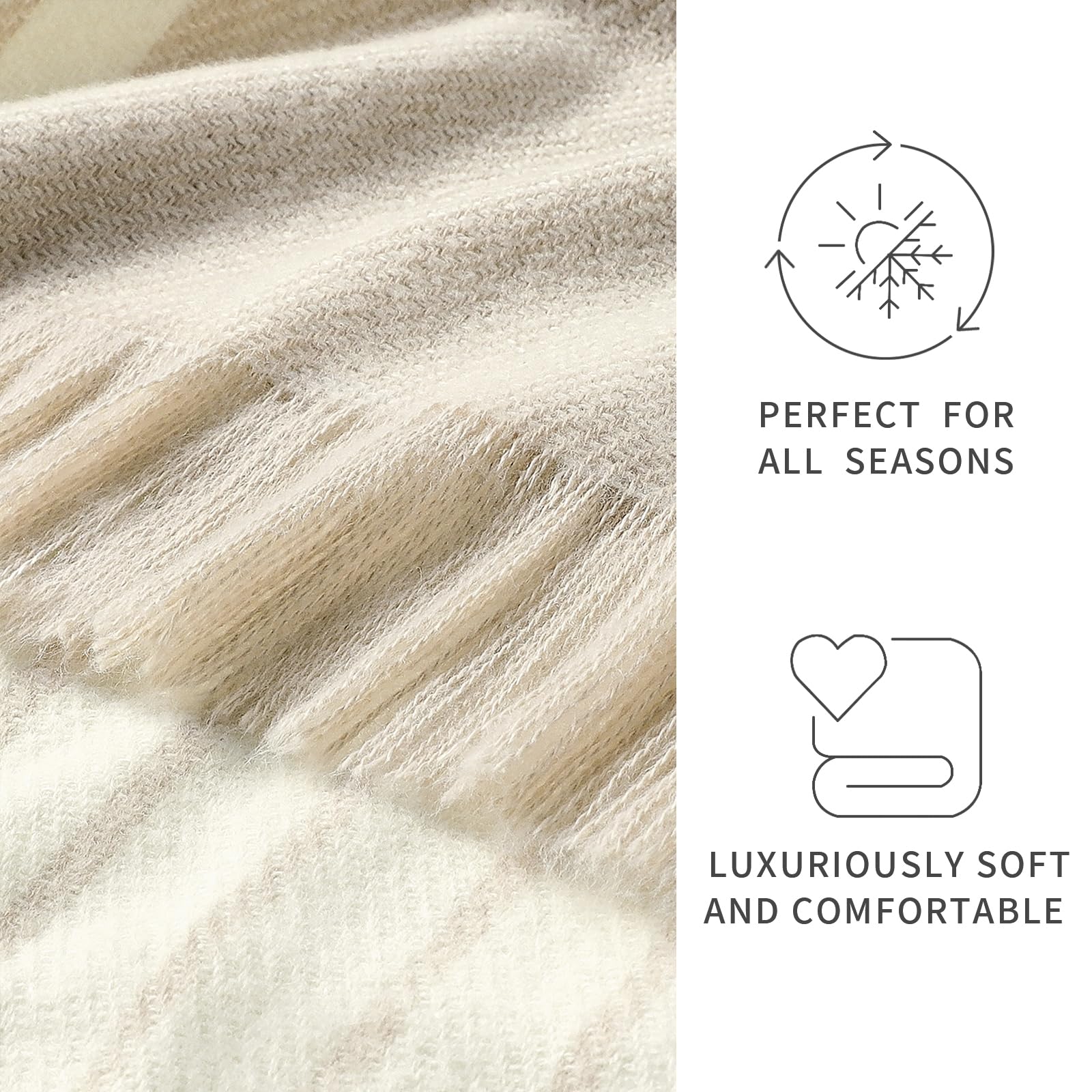 BOURINA Coperta in maglia a righe spazzolate con frange beige 127 x 152 cm