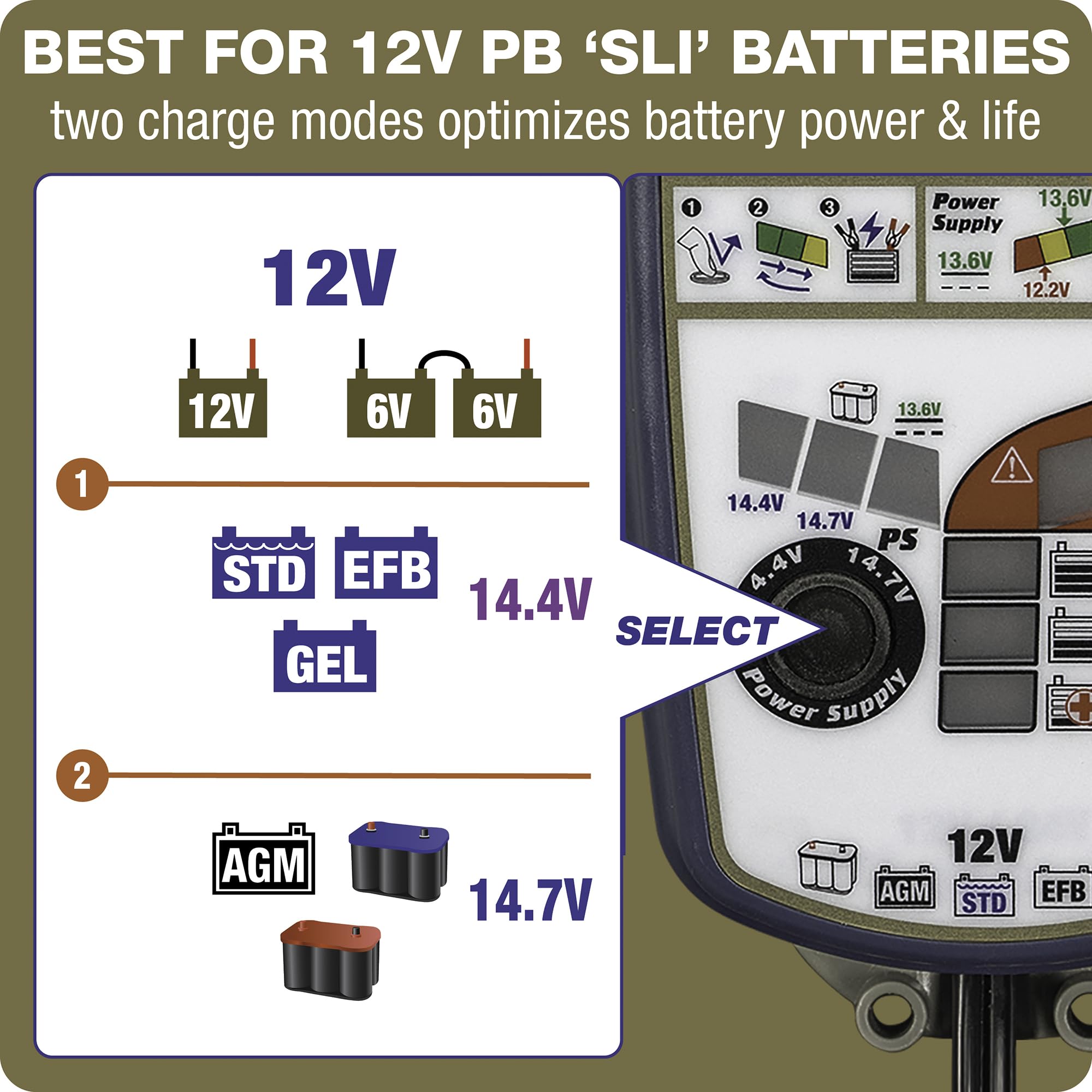 Optimate 6 Select - Cargador de batería automático Inteligente para Motocicleta de 12 V con Modo de Fuente de alimentación