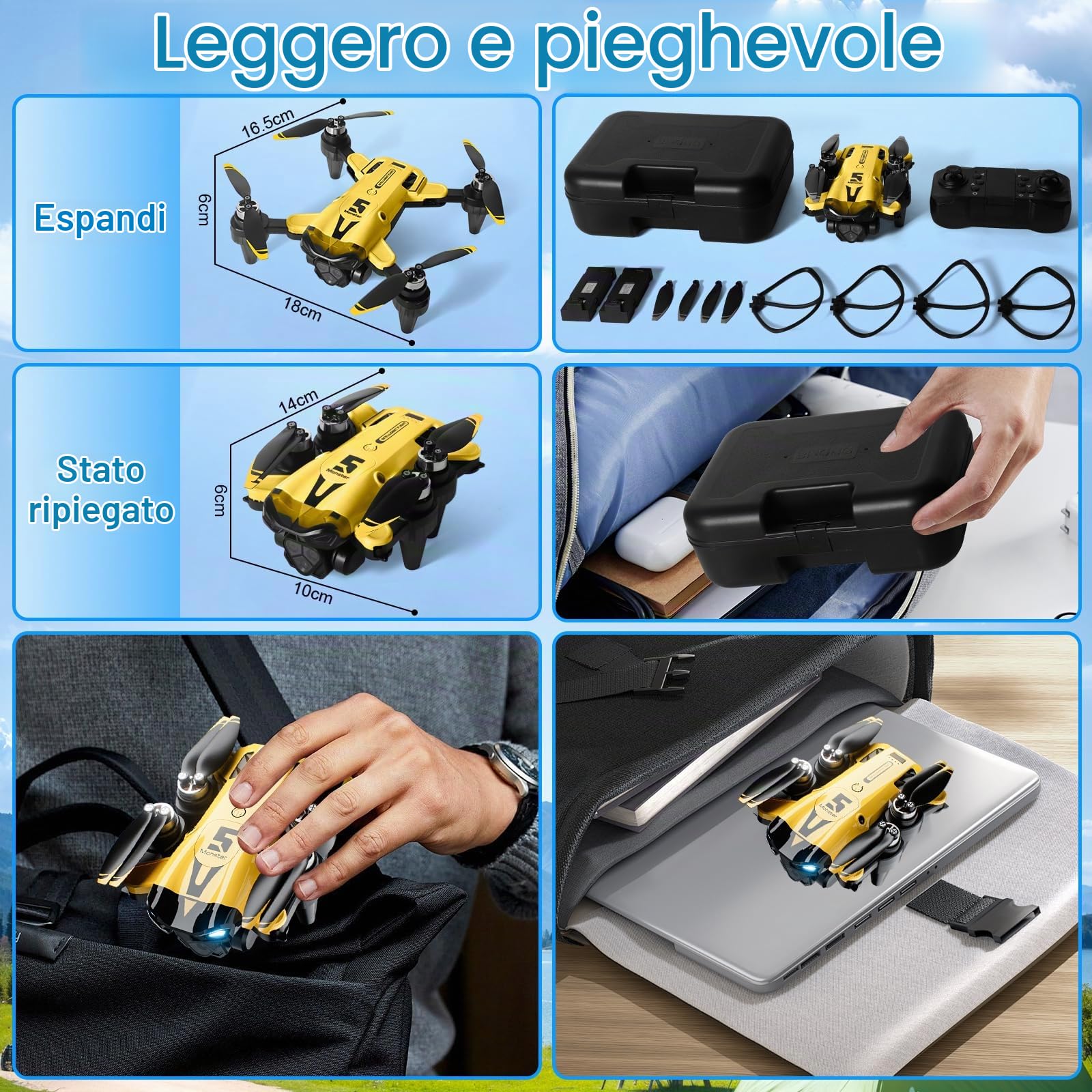 Drone Con Telecamera 4K, Drone Pieghevole, Motore Brushless, Quadricottero FPV WiFi, Volo A Traiettoria, 3D Flip, Decollo/Atterraggio 1 Tasto, per Bambini o Novizi, 2 Batterie