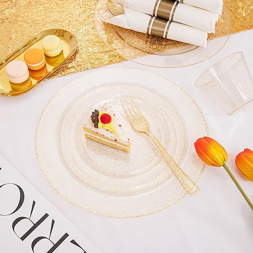 Miniatura 5 de DaYammi 112 platos de plástico con purpurina dorada, vajilla desechable, platos de plástico dorados que incluyen 16 platos de postre, 16 platos