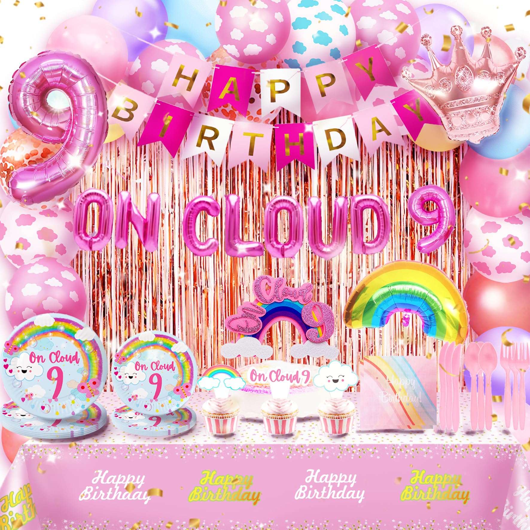 On Cloud 9 Birthday Party Decorations On Cloud 9 Birthday Party Supplies Balloon Arch Backdrop Cake Topper Plates Napkins for 9 Year Old Girl 9th