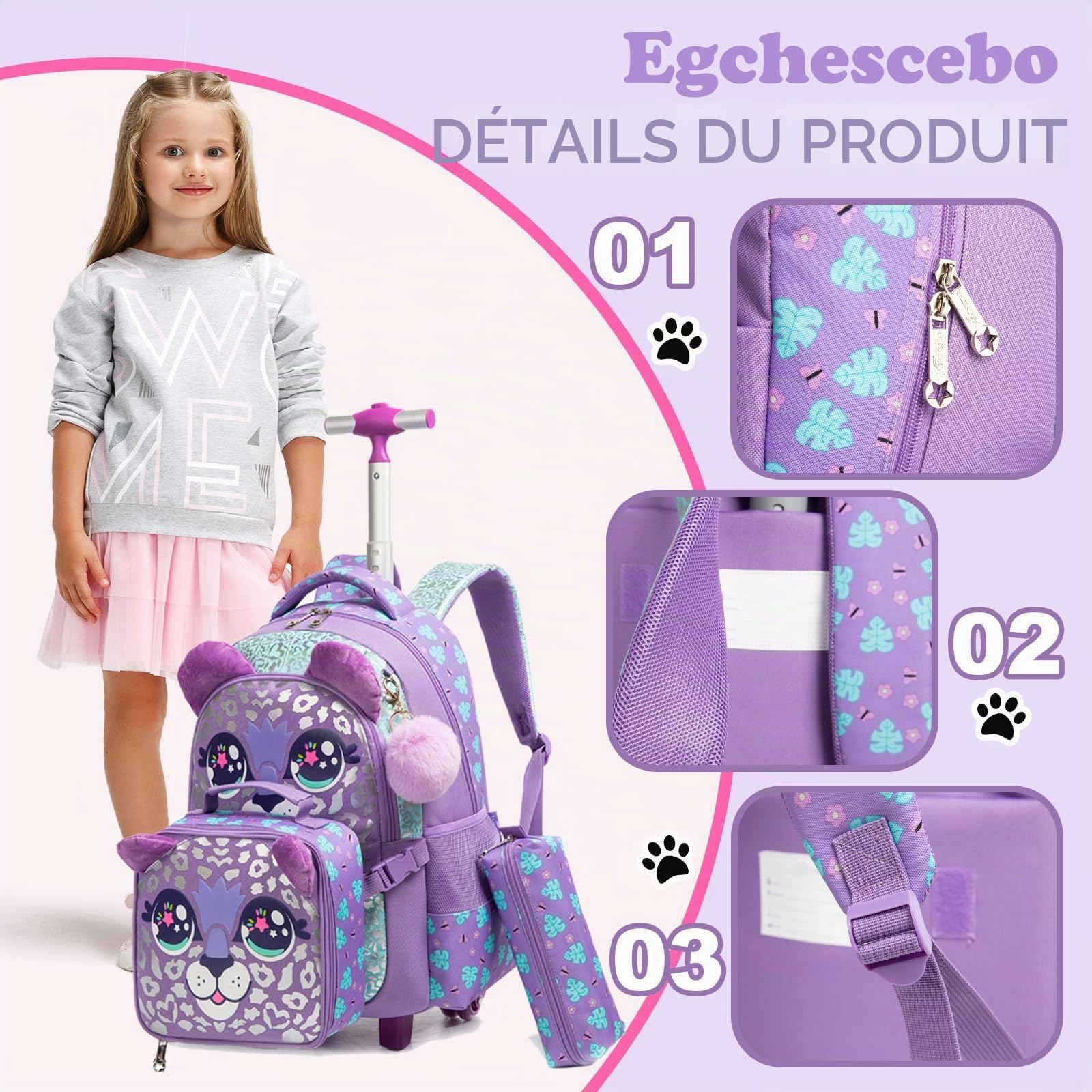 Sac a Dos Animal Enfant Roulette Fille Primaire Valise École Maternelle Sacs à D'école pour Voyage Cabine de Bagages 17" 3PCS Ensemble Grand Cartable Étudiant Simple Violet