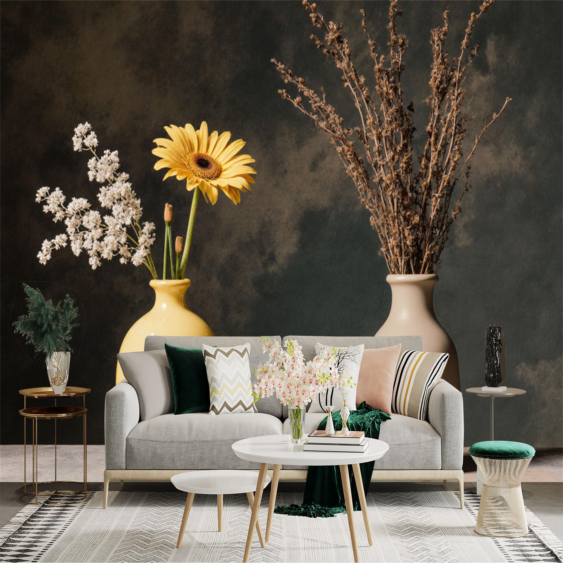 Custom Size Wall Sticker Mural， Yellow Flower in Vase， Dried Plants Decor， Modern Minimalist Tabletop Still Life， for wall Decoration， peelandstick wall Decals.
