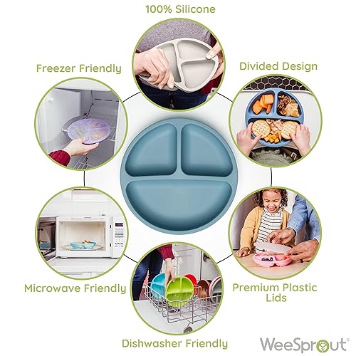 Miniatura 2 de WeeSprout Platos de silicona con tapas para bebés y niños pequeños (paquete de 3) platos 100% de grado alimenticio para autoalimentarse, diseño